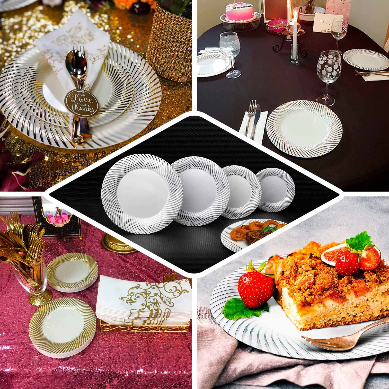 10-Pack Plastic 9" Round Dinner Plates Clear with Gold Swirl Rim - Disposable Party Plates for Classy Events & Banquets