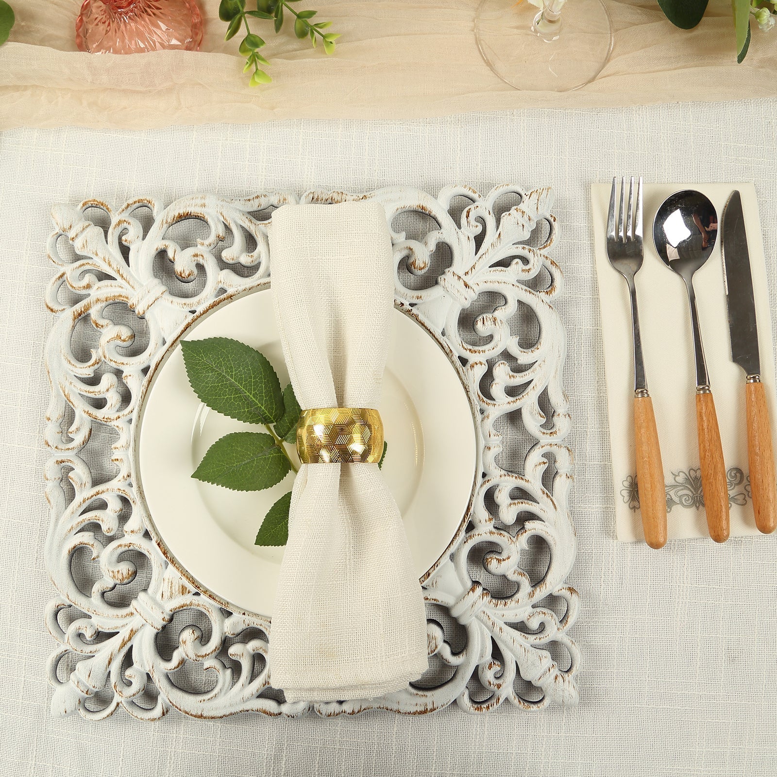 6-Pack Acrylic Square Charger Plates 12" Antique White with Hollow Lace Border, Event Tabletop Decorative Charger Tableware