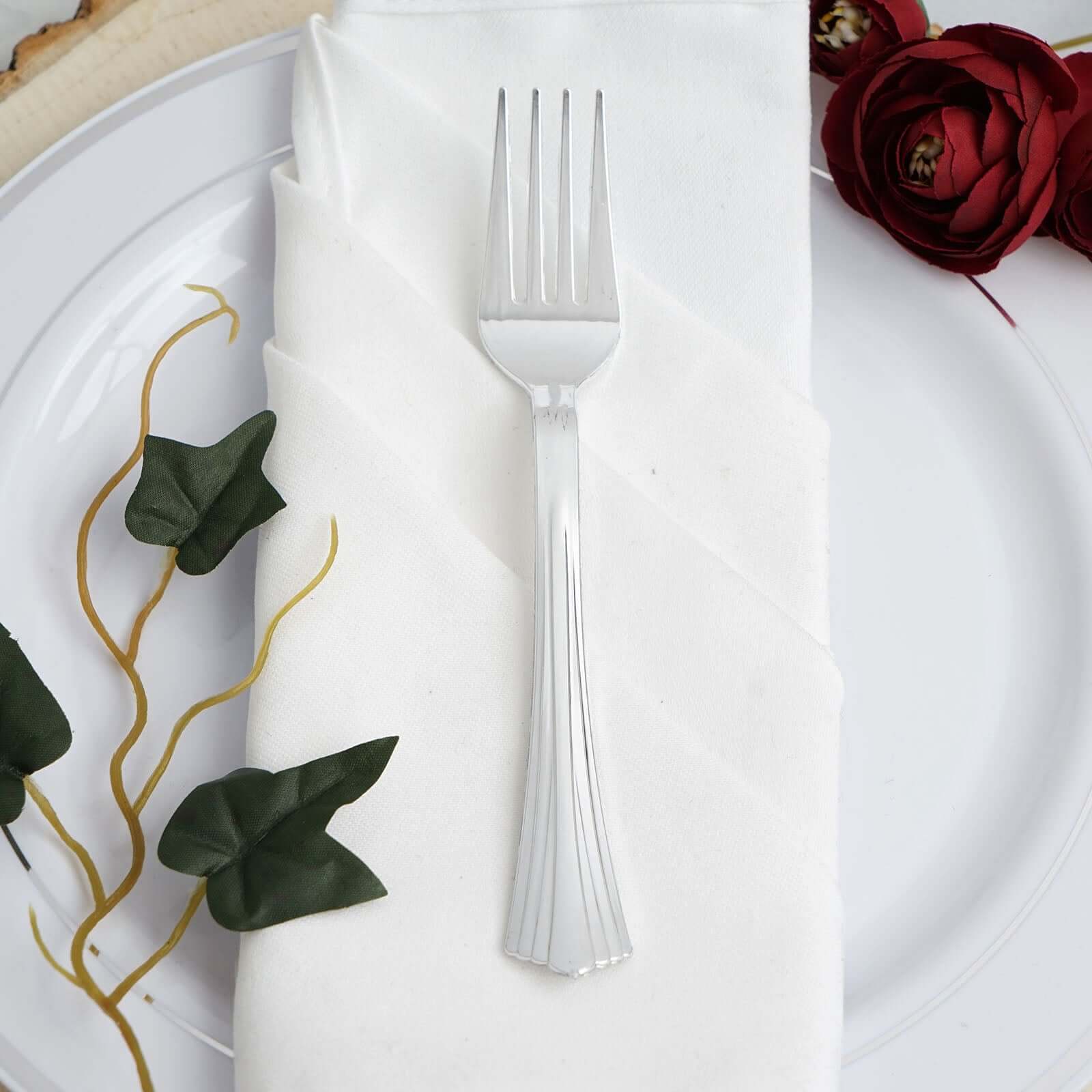 25-Pack Plastic Forks Silver Heavy Duty with Fluted Handles - Durable Disposable Tableware 7"