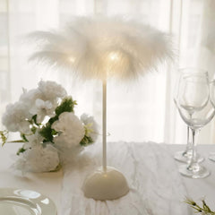 Table Lamp Feather Design White LED Battery Operated - Cordless Wedding Centerpiece 15"