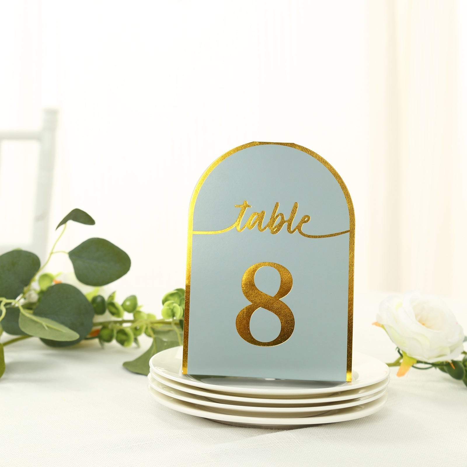 25-Pack 7" Disposable Table Numbers, Dusty Blue Free Standing Double Sided Table Number Place Cards with Metallic Gold Foil Numbers 1-25