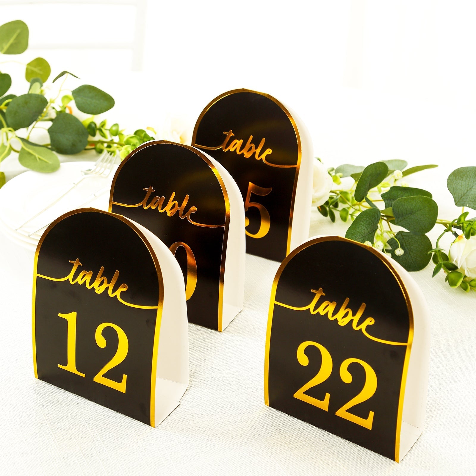 25-Pack 7" Disposable Table Numbers, Black Free Standing Double Sided Table Number Place Cards with Metallic Gold Foil Numbers 1-25