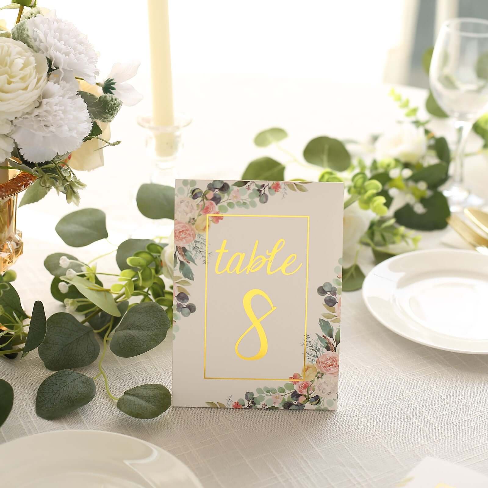 25-Pack Paper Wedding Table Numbers 1-25 White Peony Flower Design - Free Standing Double Sided Table Signs with Glam Gold Foil Numbers 7"