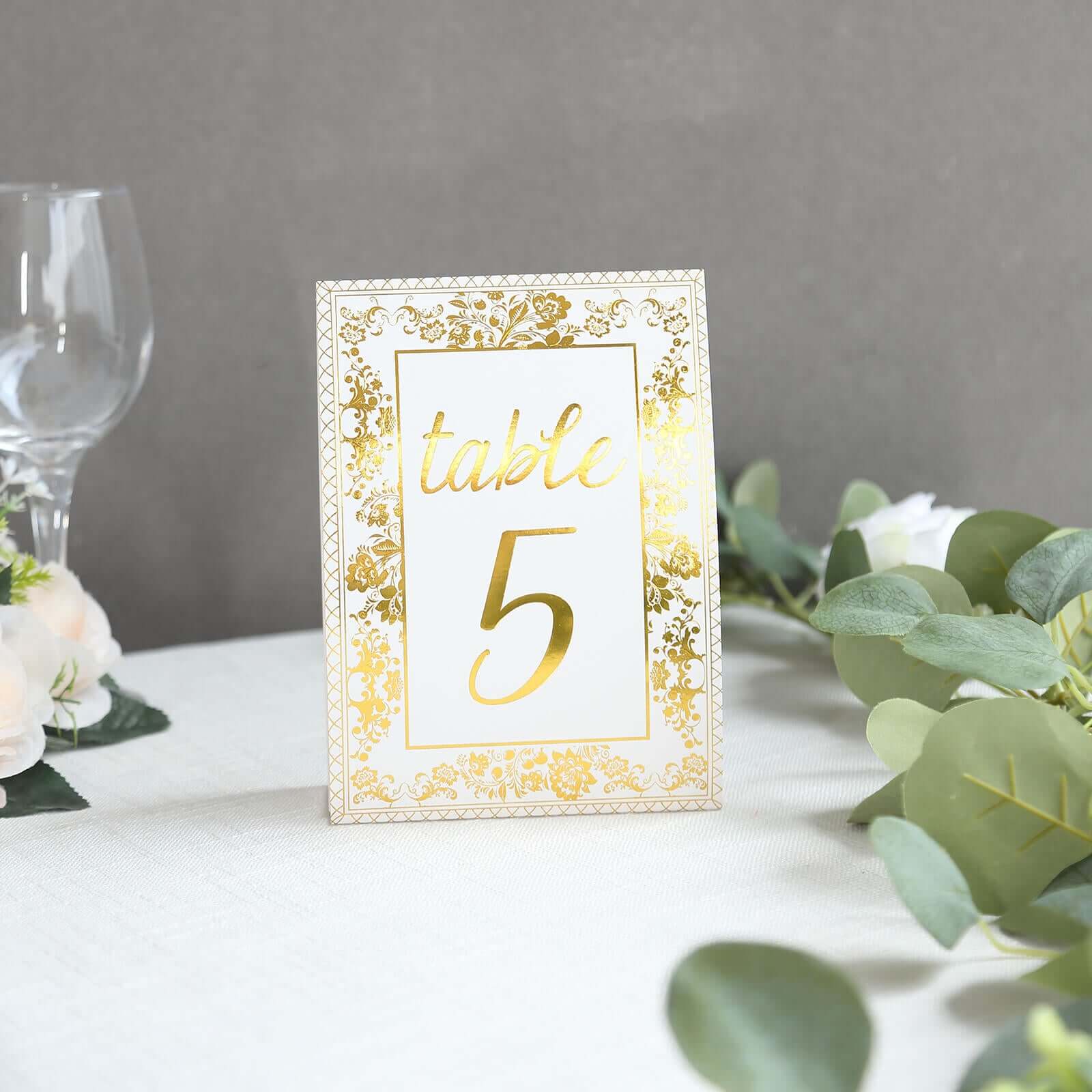 25-Pack Paper Wedding Table Numbers 1-25 White/Metallic Gold French Toile Design with Glam Gold Foil Numbers 7"