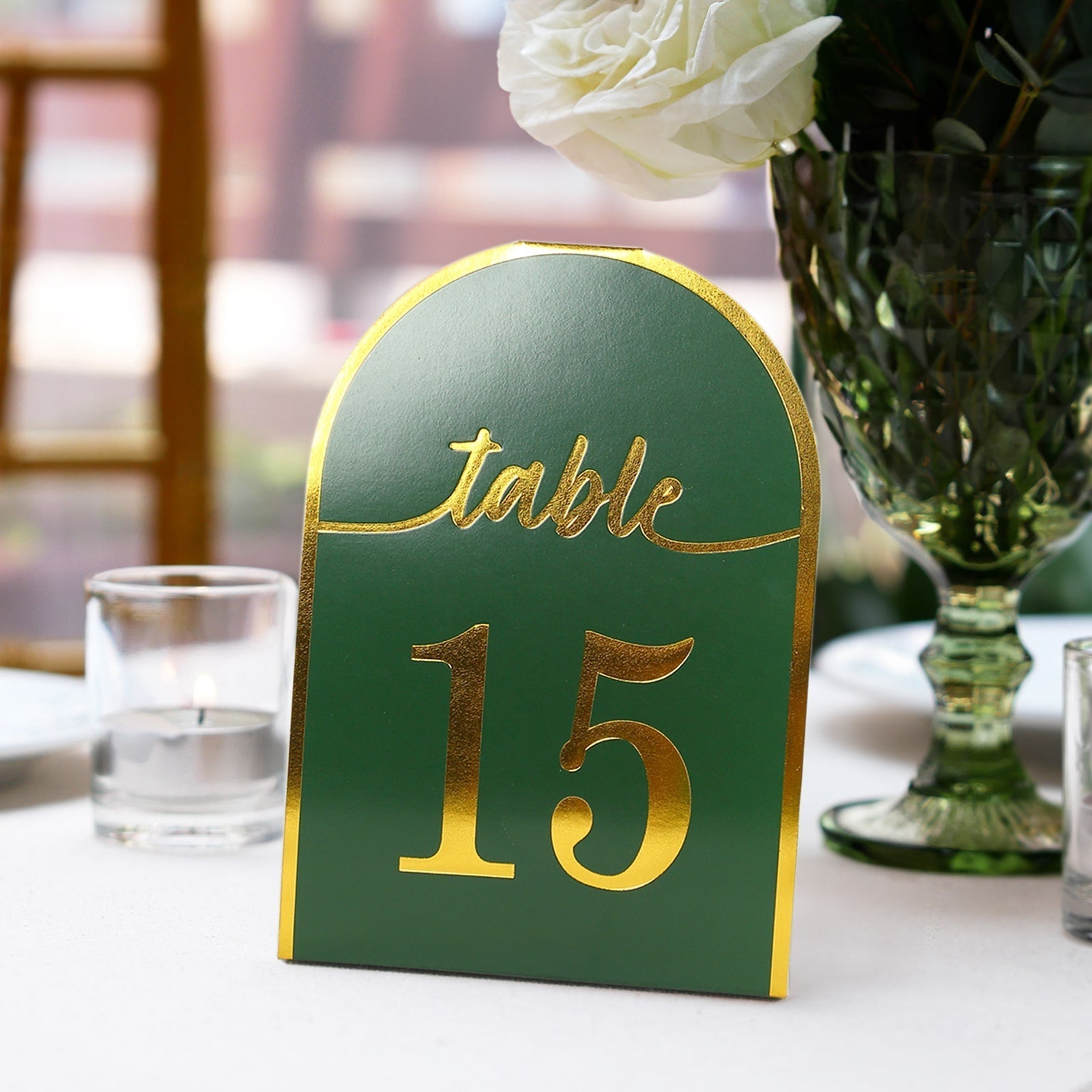 25-Pack 7" Disposable Table Numbers, Hunter Emerald Green Free Standing Double Sided Table Number Place Cards with Metallic Gold Foil Numbers 1-25