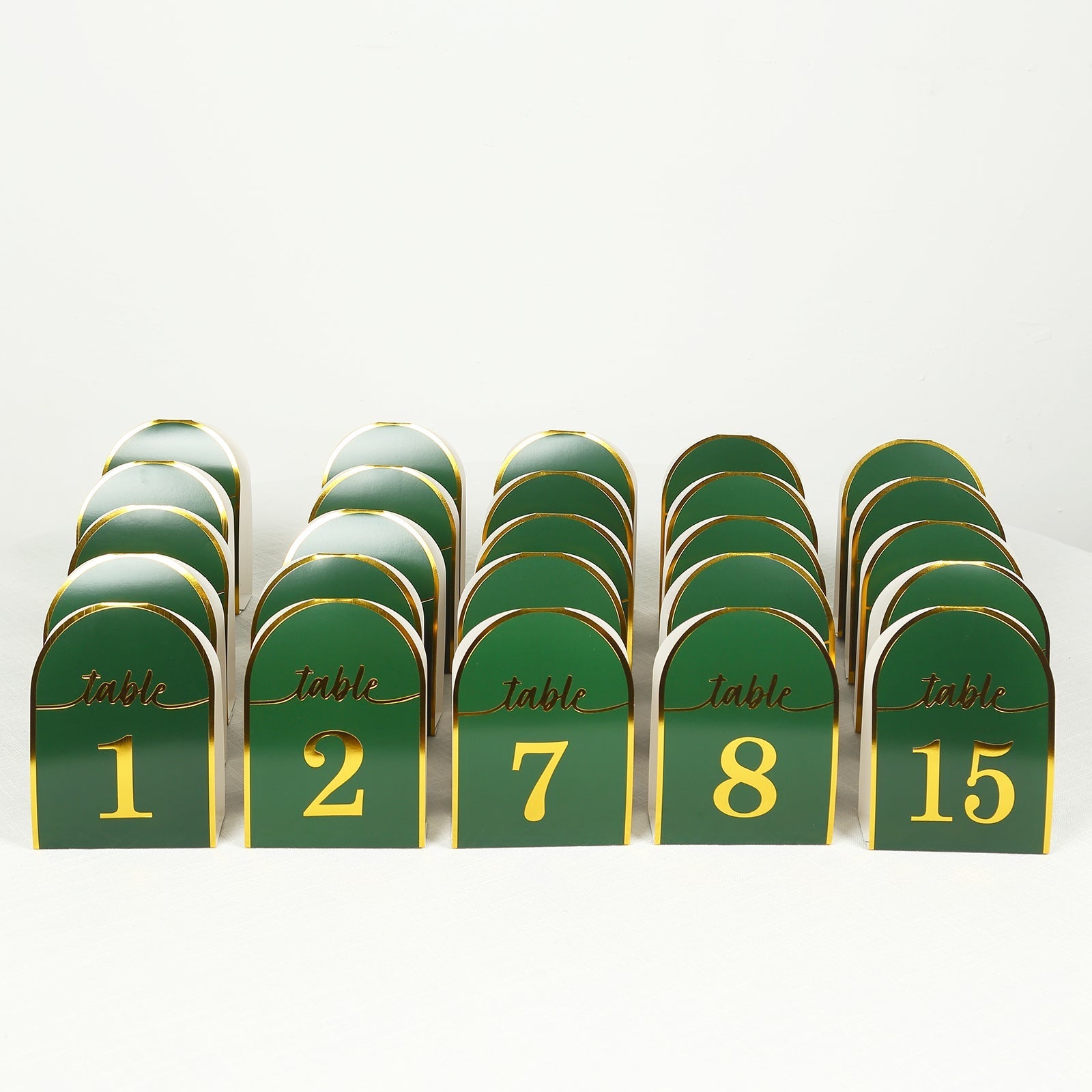 25-Pack 7" Disposable Table Numbers, Hunter Emerald Green Free Standing Double Sided Table Number Place Cards with Metallic Gold Foil Numbers 1-25