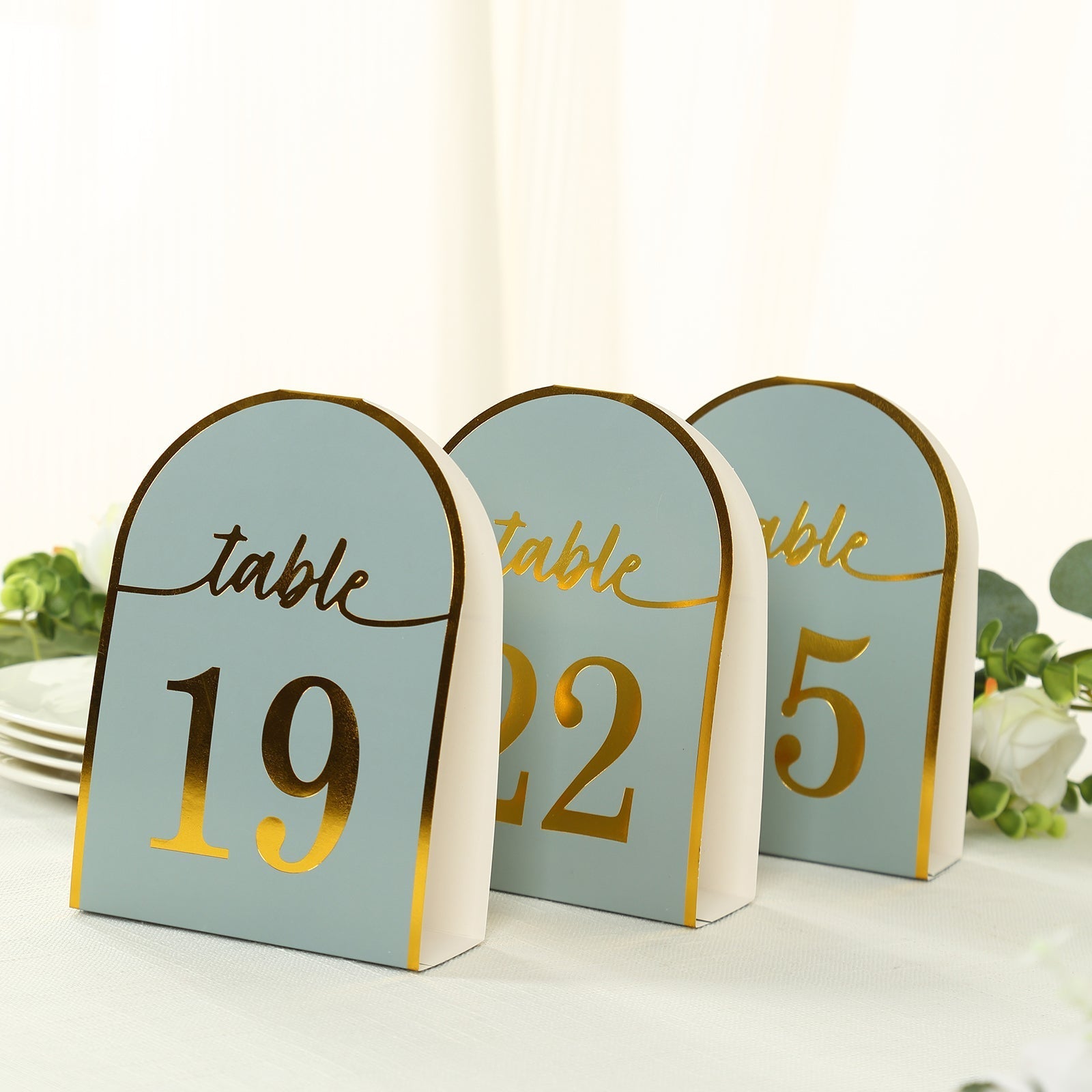 25-Pack 7" Disposable Table Numbers, Dusty Blue Free Standing Double Sided Table Number Place Cards with Metallic Gold Foil Numbers 1-25