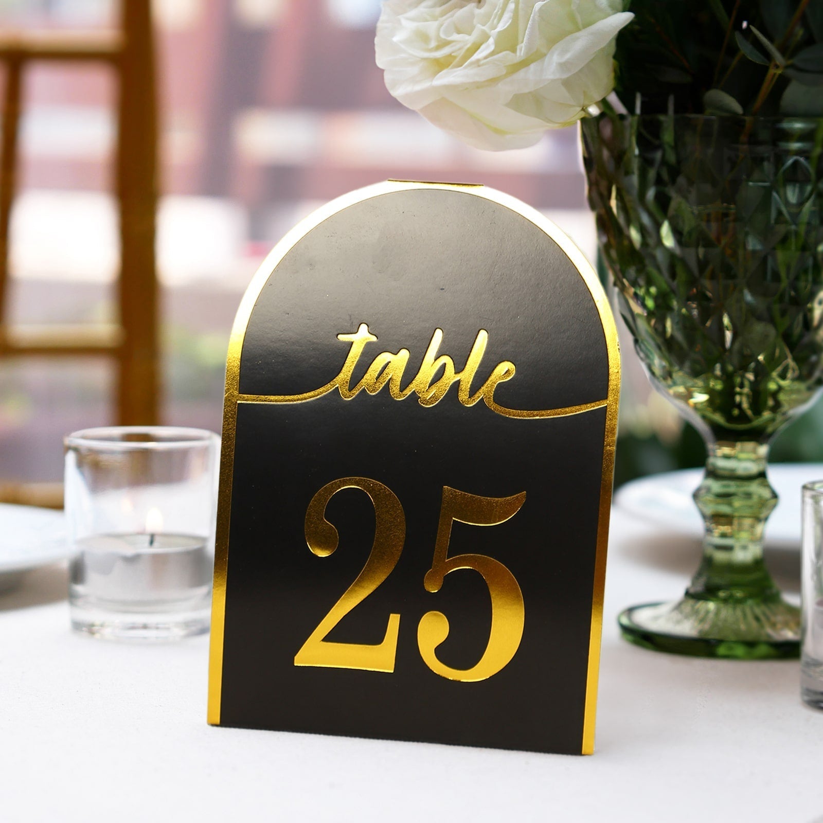 25-Pack 7" Disposable Table Numbers, Black Free Standing Double Sided Table Number Place Cards with Metallic Gold Foil Numbers 1-25