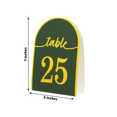 25-Pack 7" Disposable Table Numbers, Hunter Emerald Green Free Standing Double Sided Table Number Place Cards with Metallic Gold Foil Numbers 1-25