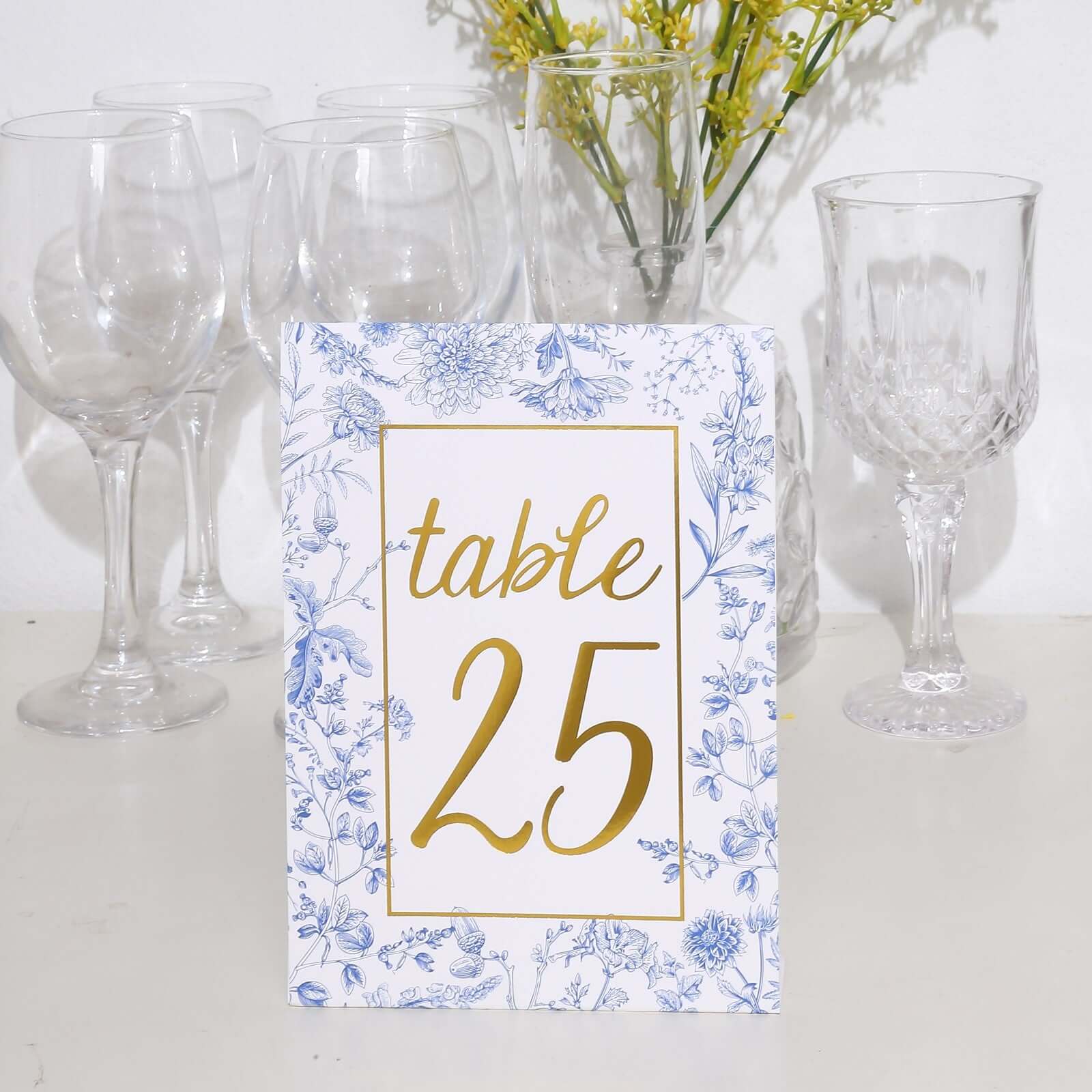 25-Pack Paper Wedding Table Numbers 1-25 White/Blue French Toile Design - Free Standing Double Sided Table Signs with Glam Gold Foil Numbers 7"