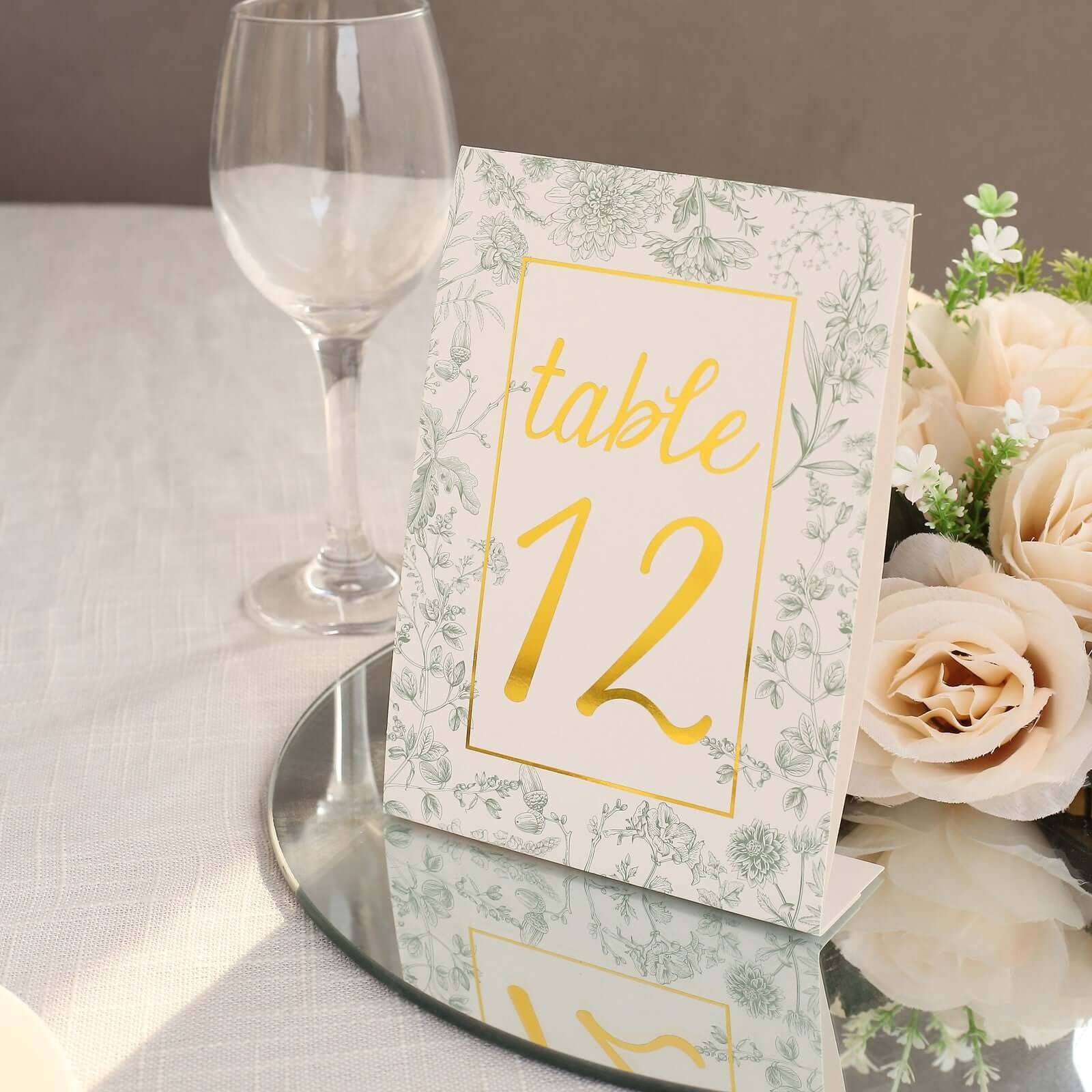 25-Pack Paper Wedding Table Numbers 1-25 White/Sage Green French Toile Design - Free Standing Double Sided Table Signs with Glam Gold Foil Numbers 7"