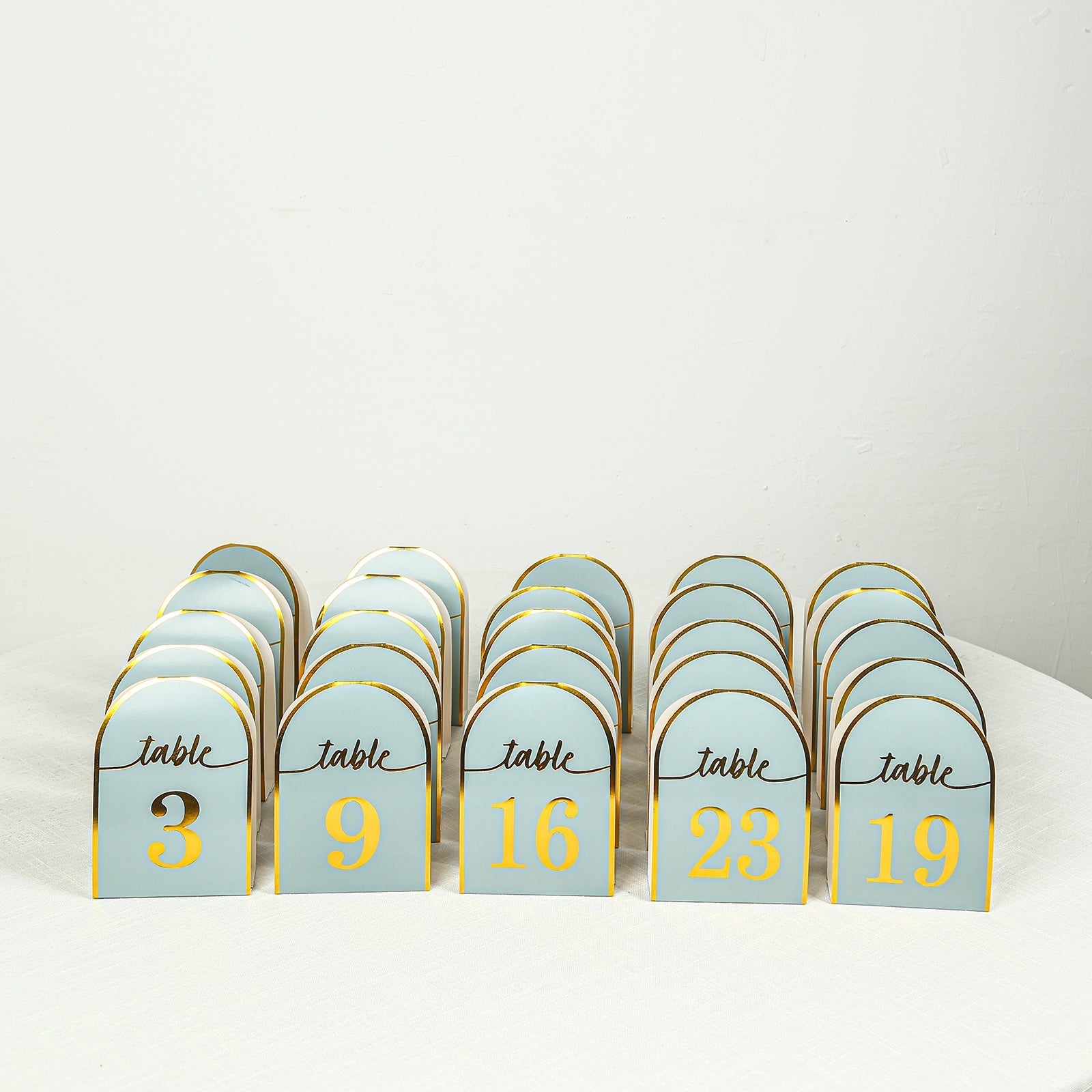 25-Pack 7" Disposable Table Numbers, Dusty Blue Free Standing Double Sided Table Number Place Cards with Metallic Gold Foil Numbers 1-25