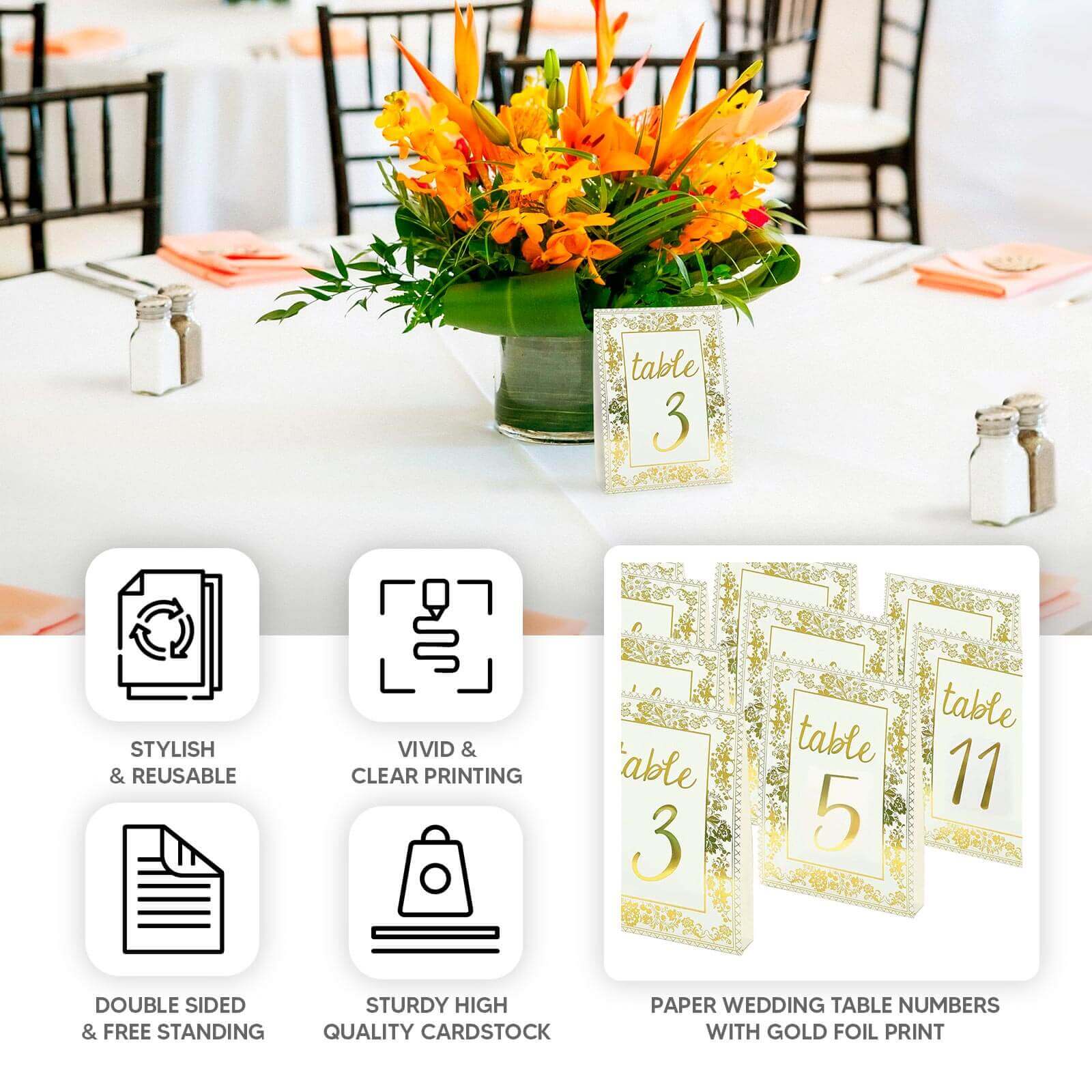 25-Pack Paper Wedding Table Numbers 1-25 White/Metallic Gold French Toile Design with Glam Gold Foil Numbers 7"