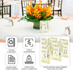 25-Pack Paper Wedding Table Numbers 1-25 White/Metallic Gold French Toile Design with Glam Gold Foil Numbers 7"