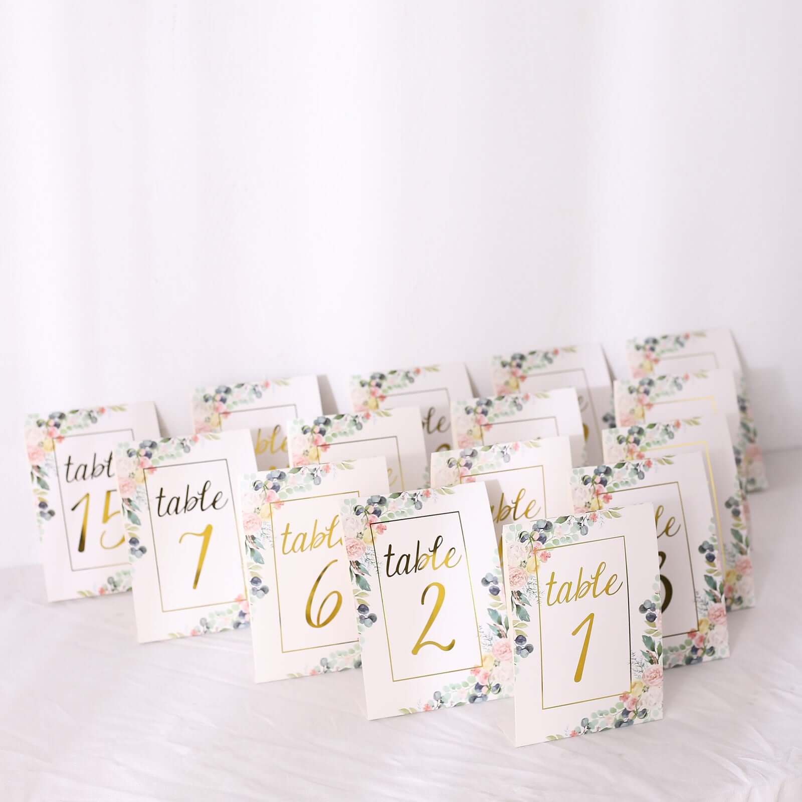 25-Pack Paper Wedding Table Numbers 1-25 White Peony Flower Design - Free Standing Double Sided Table Signs with Glam Gold Foil Numbers 7"