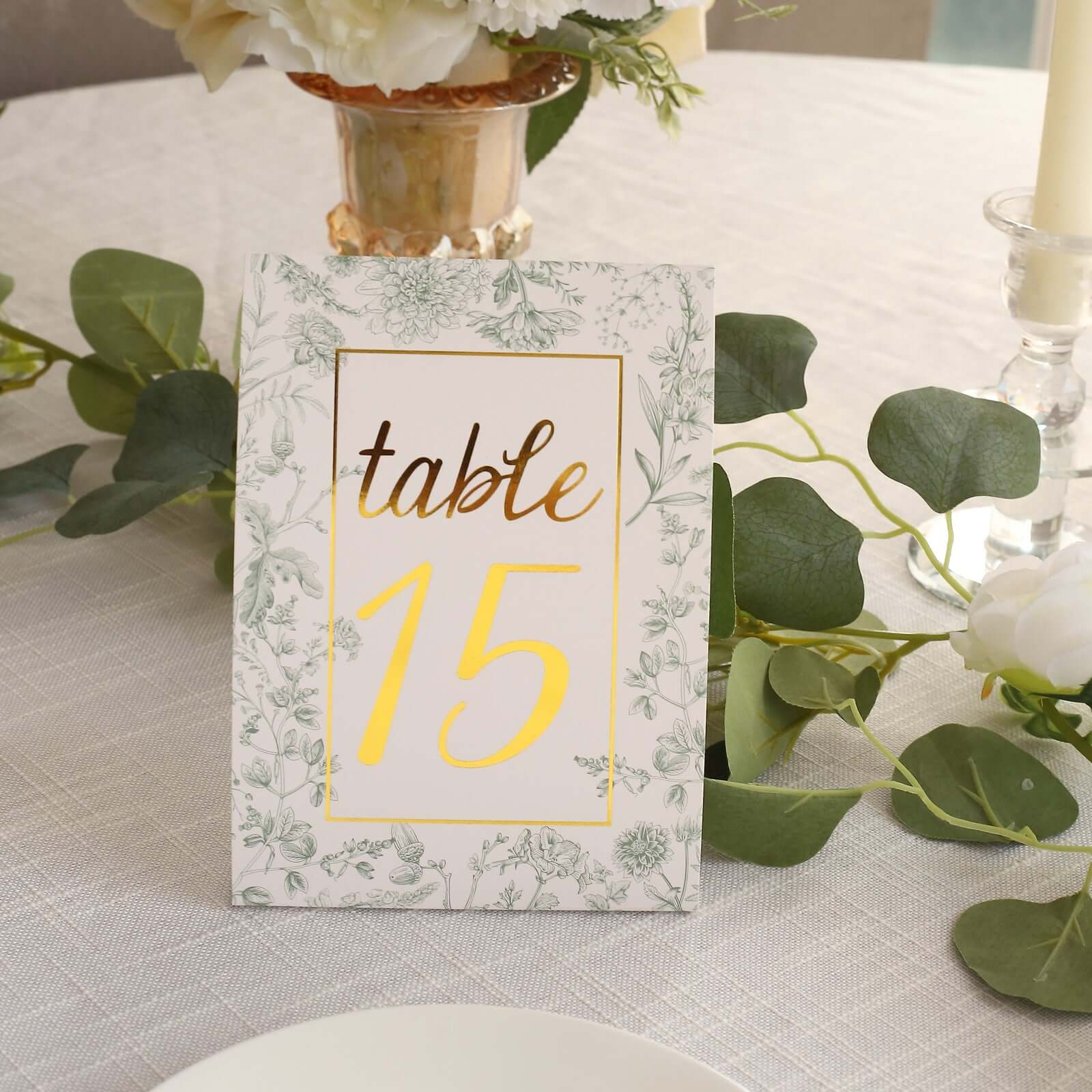 25-Pack Paper Wedding Table Numbers 1-25 White/Sage Green French Toile Design - Free Standing Double Sided Table Signs with Glam Gold Foil Numbers 7"
