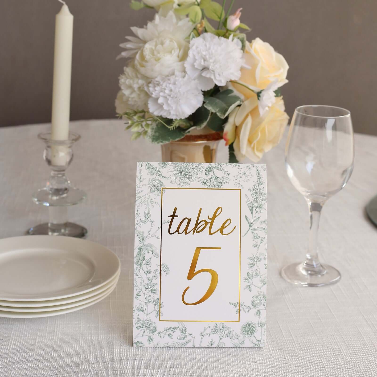 25-Pack Paper Wedding Table Numbers 1-25 White/Sage Green French Toile Design - Free Standing Double Sided Table Signs with Glam Gold Foil Numbers 7"