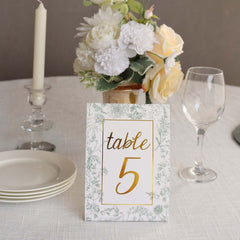 25-Pack Paper Wedding Table Numbers 1-25 White/Sage Green French Toile Design - Free Standing Double Sided Table Signs with Glam Gold Foil Numbers 7"