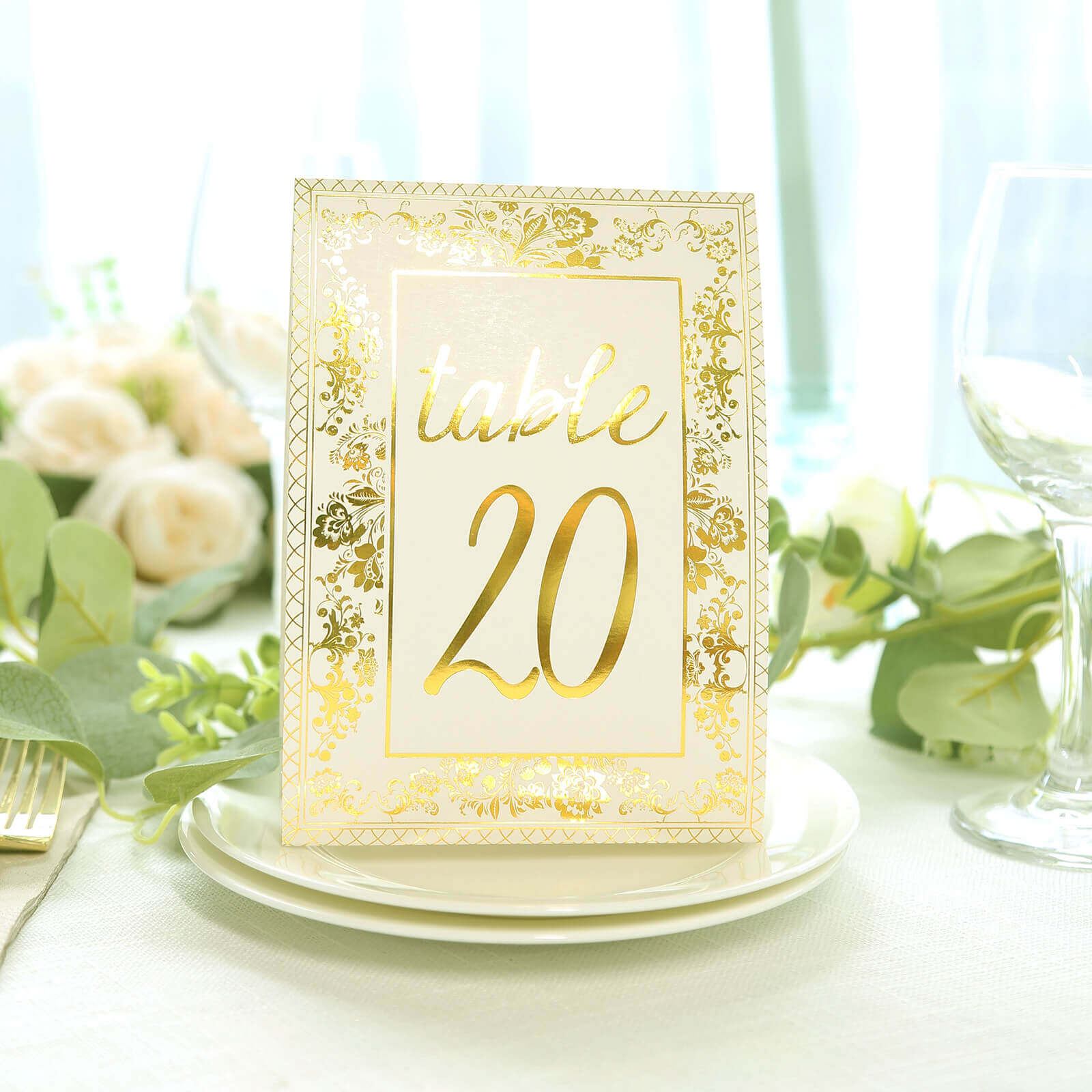 25-Pack Paper Wedding Table Numbers 1-25 White/Metallic Gold French Toile Design with Glam Gold Foil Numbers 7"