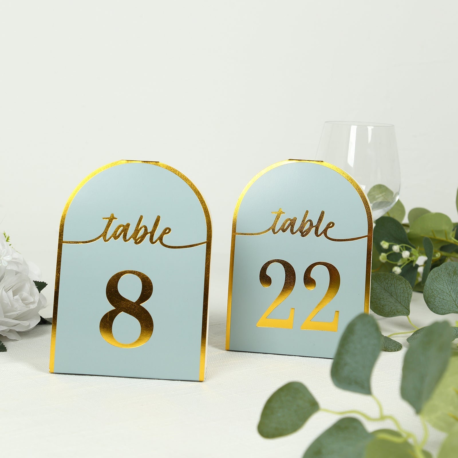 25-Pack 7" Disposable Table Numbers, Dusty Blue Free Standing Double Sided Table Number Place Cards with Metallic Gold Foil Numbers 1-25