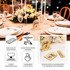 20-Pack 4.5" Wooden Arch Table Numbers, 1-20 Natural Rustic Table Number Placecard - Perfect for Wedding and Event Tables