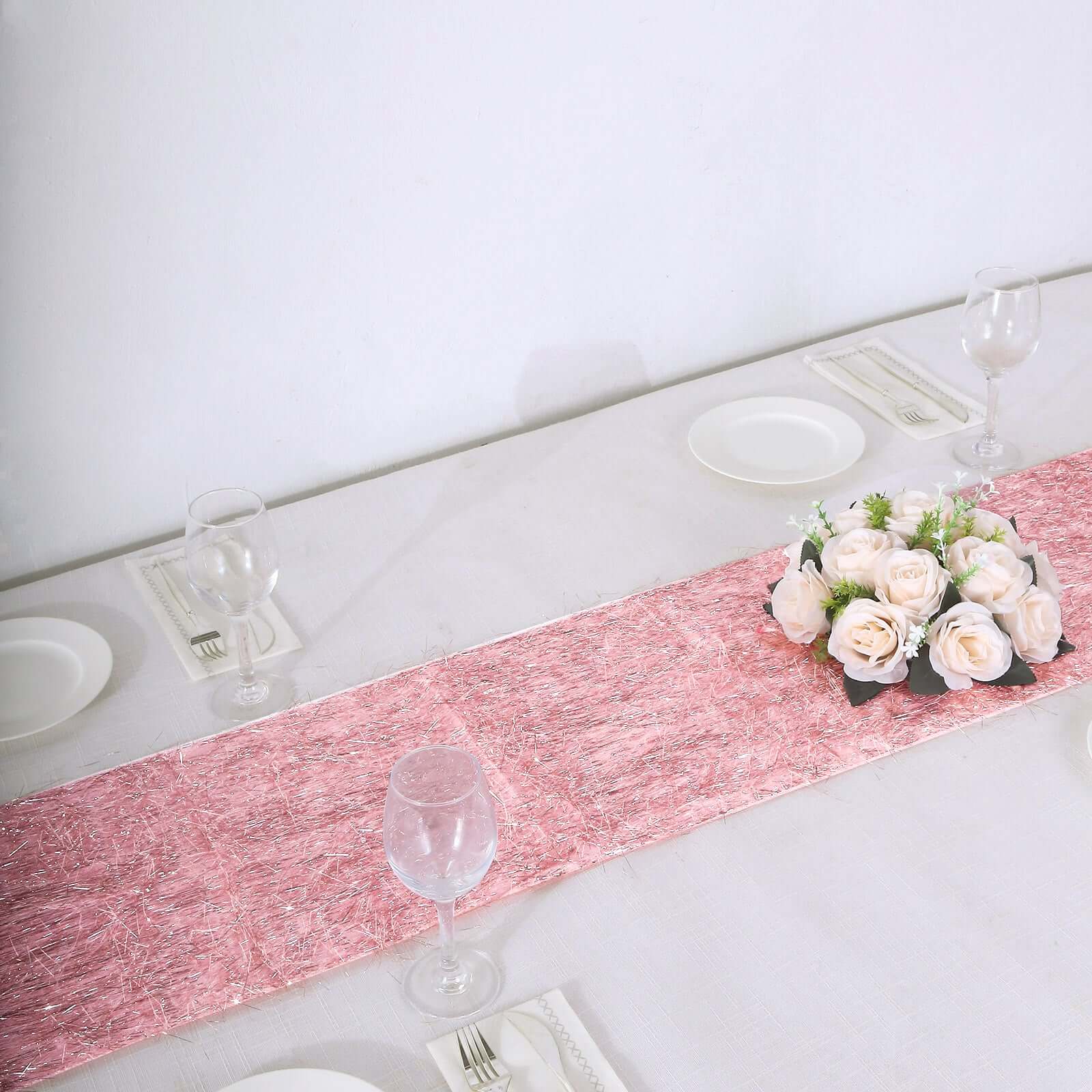 Metallic Tinsel Polyester 12"x108" Table Runner Rose Gold - Shimmery Fringe Shag Table Decor