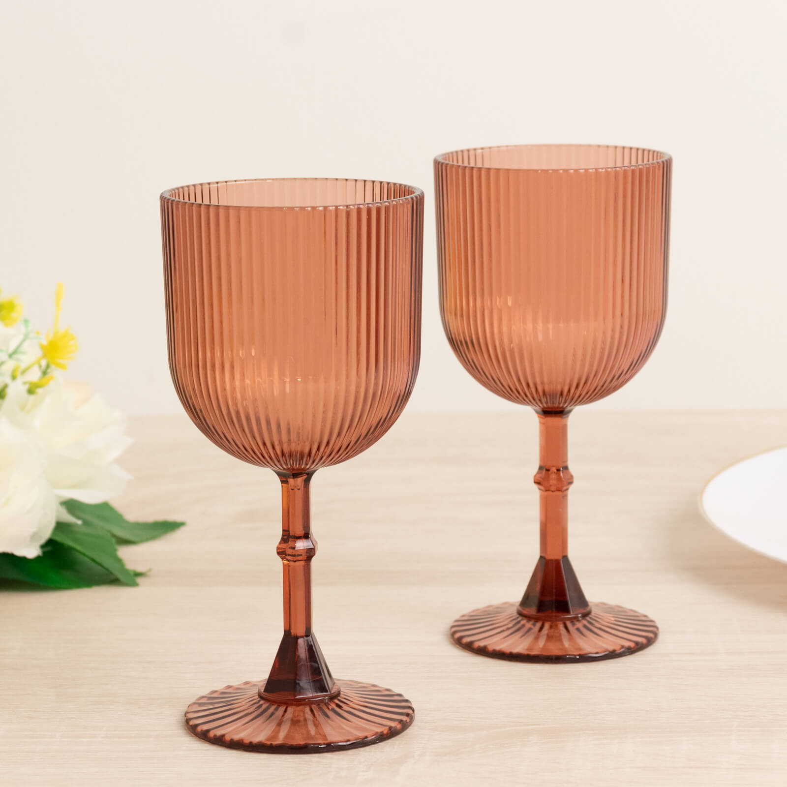 12-Pack Plastic Goblets Dusty Rose Vintage Ribbed Pattern - Reusable Shatterproof Glassware 9oz