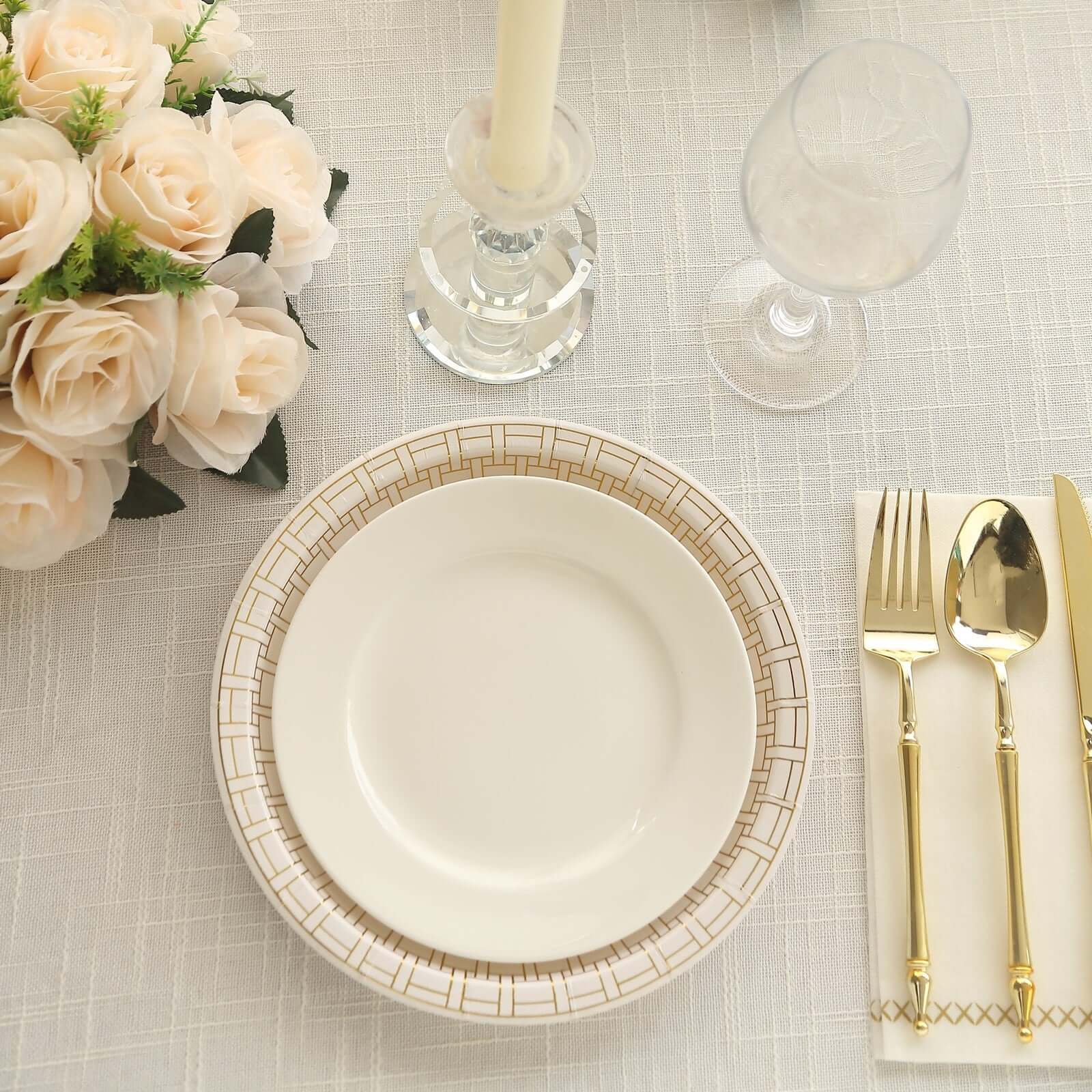 25-Pack Paper 9" Round Dinner Plates in White with Gold Basketweave Rim - Disposable Party Plates for Stylish Soirées & Festive Brunches