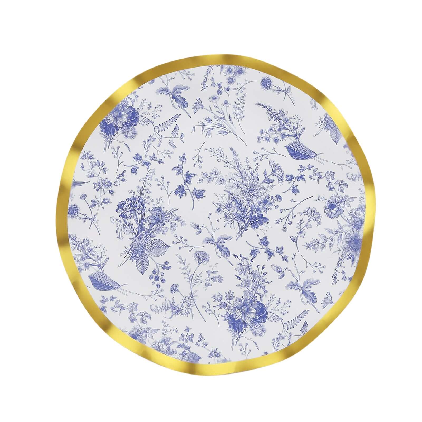 25-Pack Paper Round Dinner Plates 10" in White with Blue French Toile Pattern & Gold Wavy Rim - Disposable 350GSM Party Plates