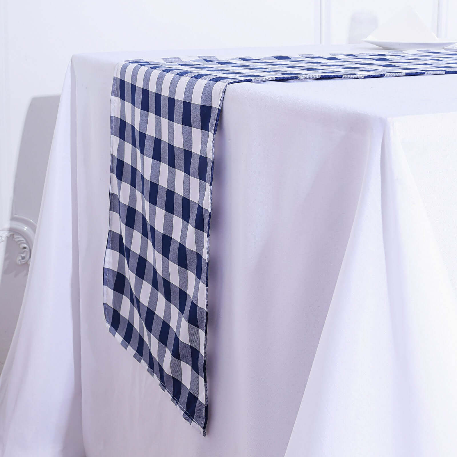 Polyester 14"x108" Table Runner Navy Blue/White - Gingham Plaid Design