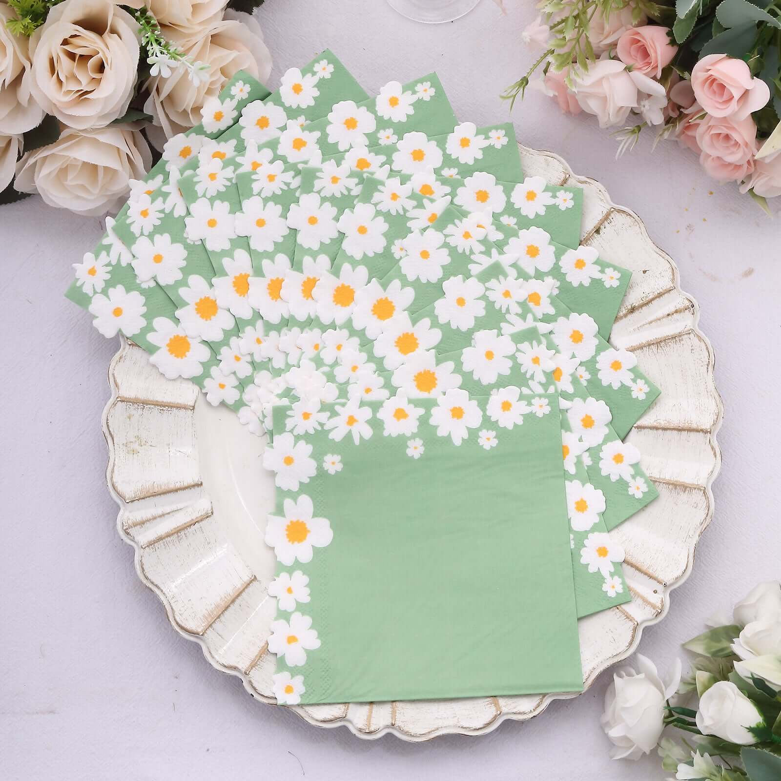 20-Pack Paper Beverage Napkins with Daisy Flower Design Sage Green - 2 Ply Soft 18GSM Floral Wedding Napkins 6.5"x6.5"