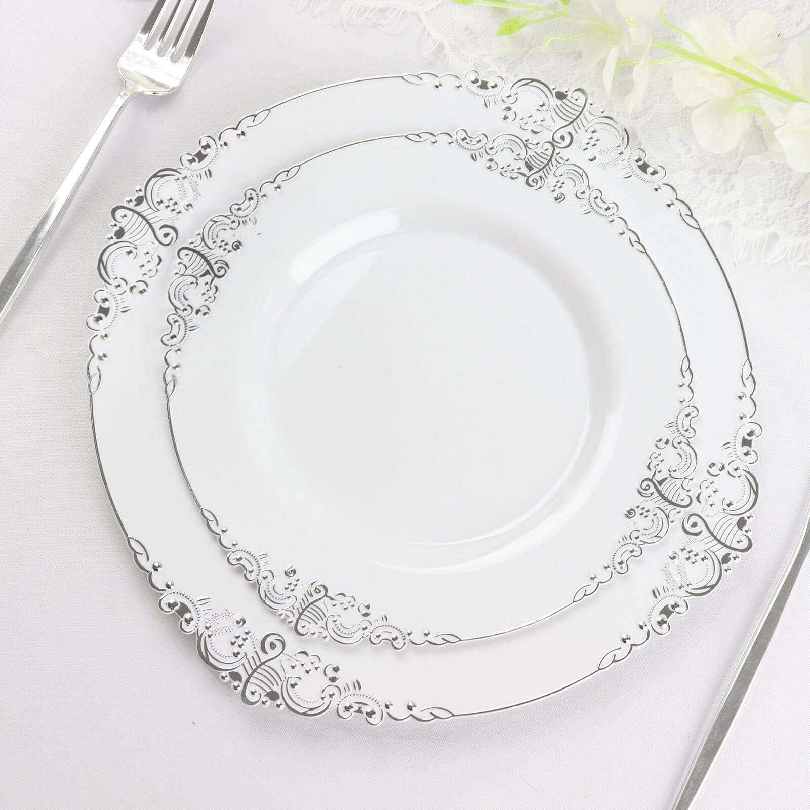 10-Pack Plastic 8" Round Dessert Plates in White with Silver Leaf Embossed Rim - Disposable Vintage Baroque Style Salad Plates