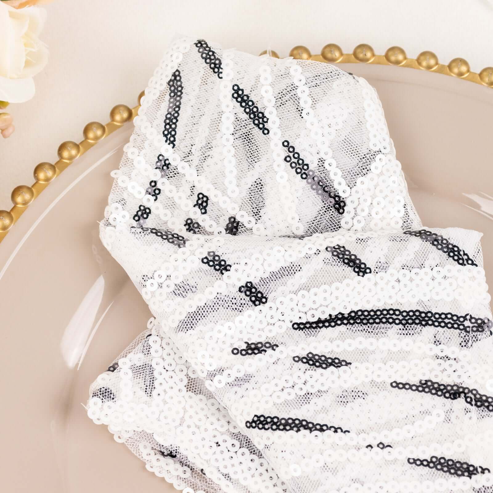 Sequin Mesh 20"x20" Napkin White Black - Wave Embroidered Reusable Napkin