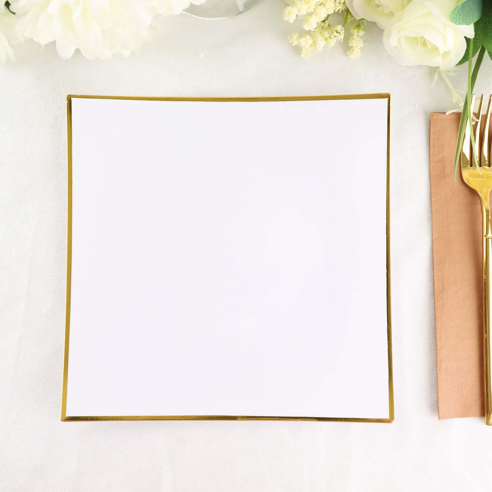 10-Pack Plastic 8" Square Dessert Plates in White Concave Style with Gold Rim - Modern Disposable Salad Appetizer Party Plates for Weddings & Special Events