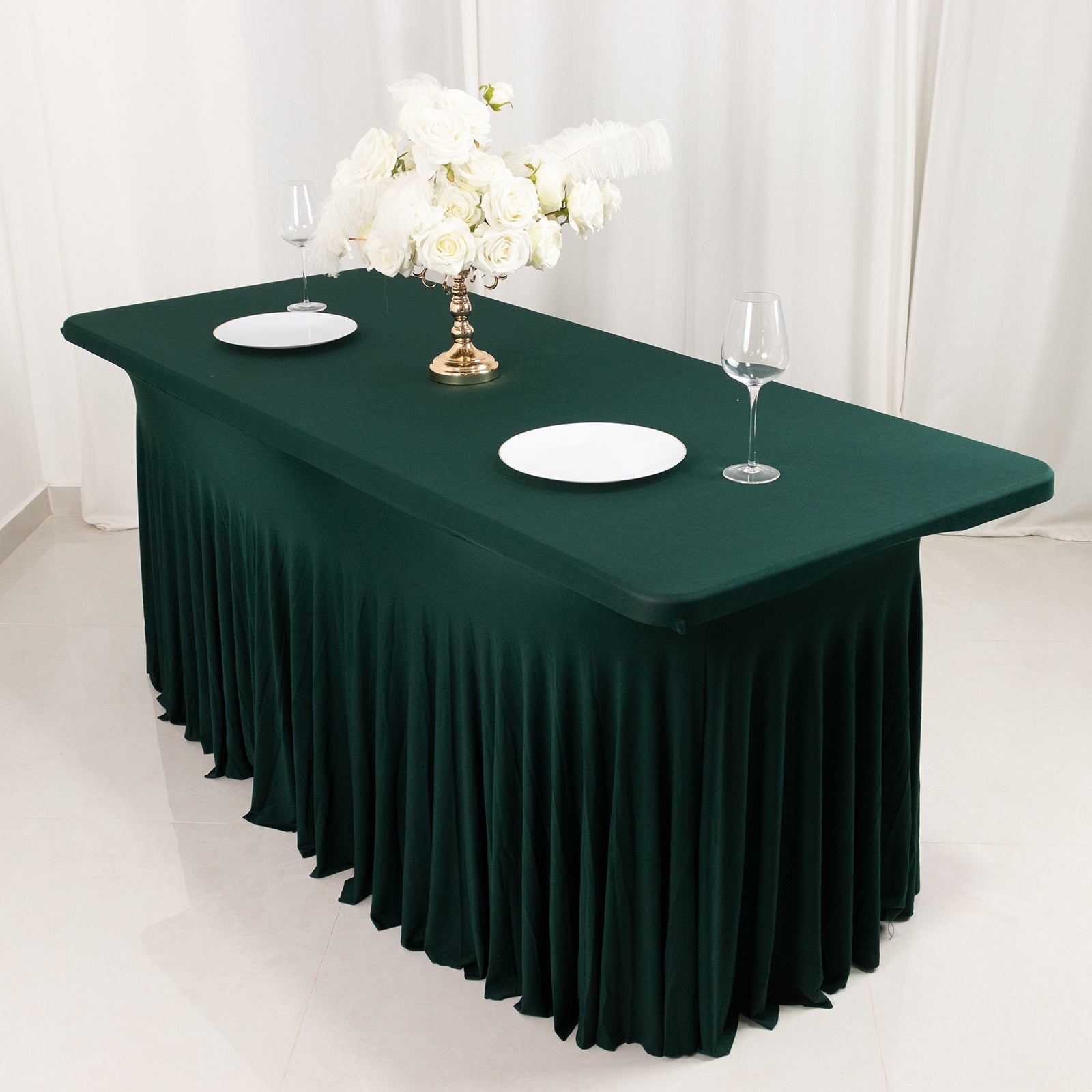 Spandex Rectangle 72"x30" Table Skirt Hunter Emerald Green with Wavy Skirt-Like Effect Table Cover