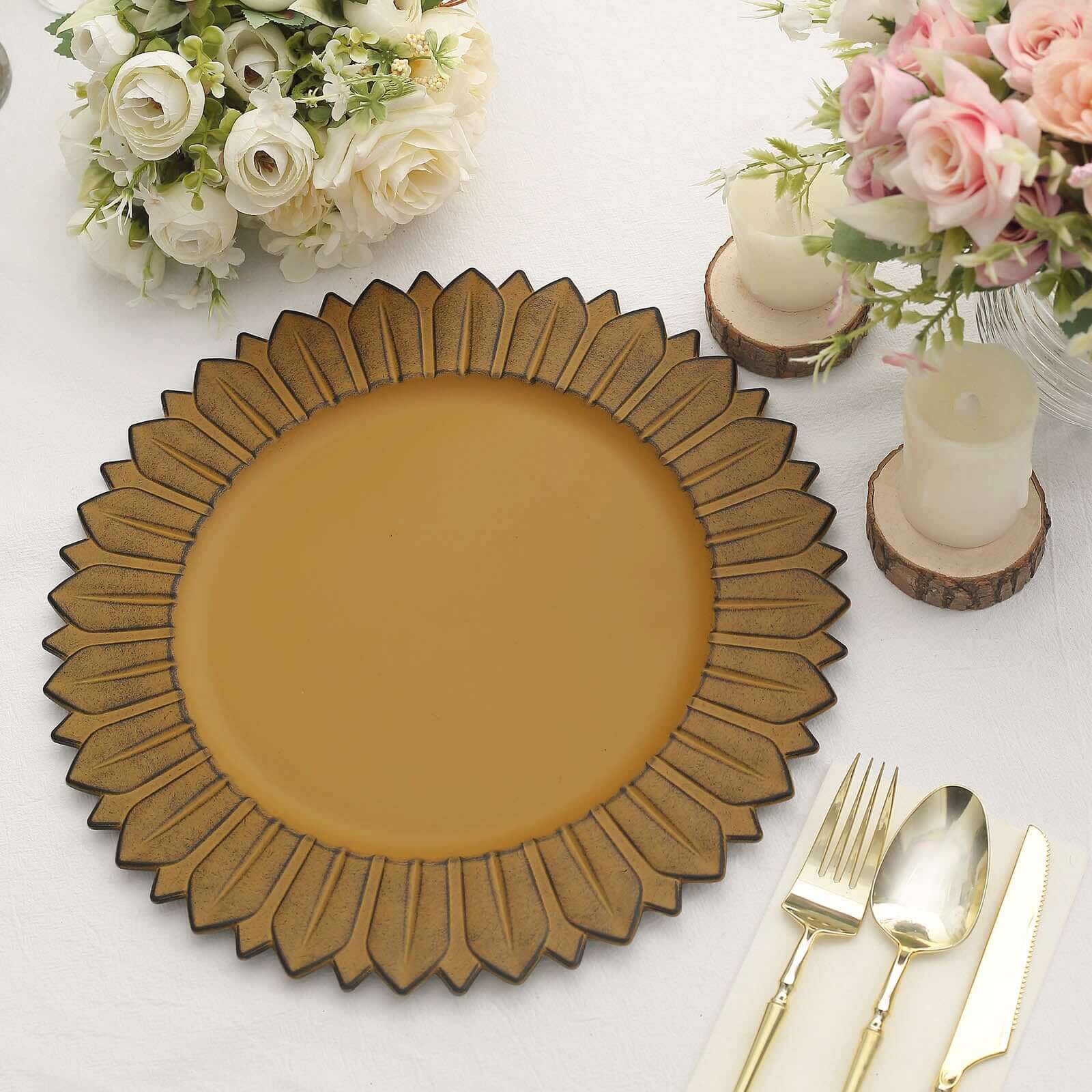 6-Pack Plastic Round Charger Plates 13" in Mustard Yellow with Sunflower Rim, Matte Finish Disposable Dinner Charger Tableware