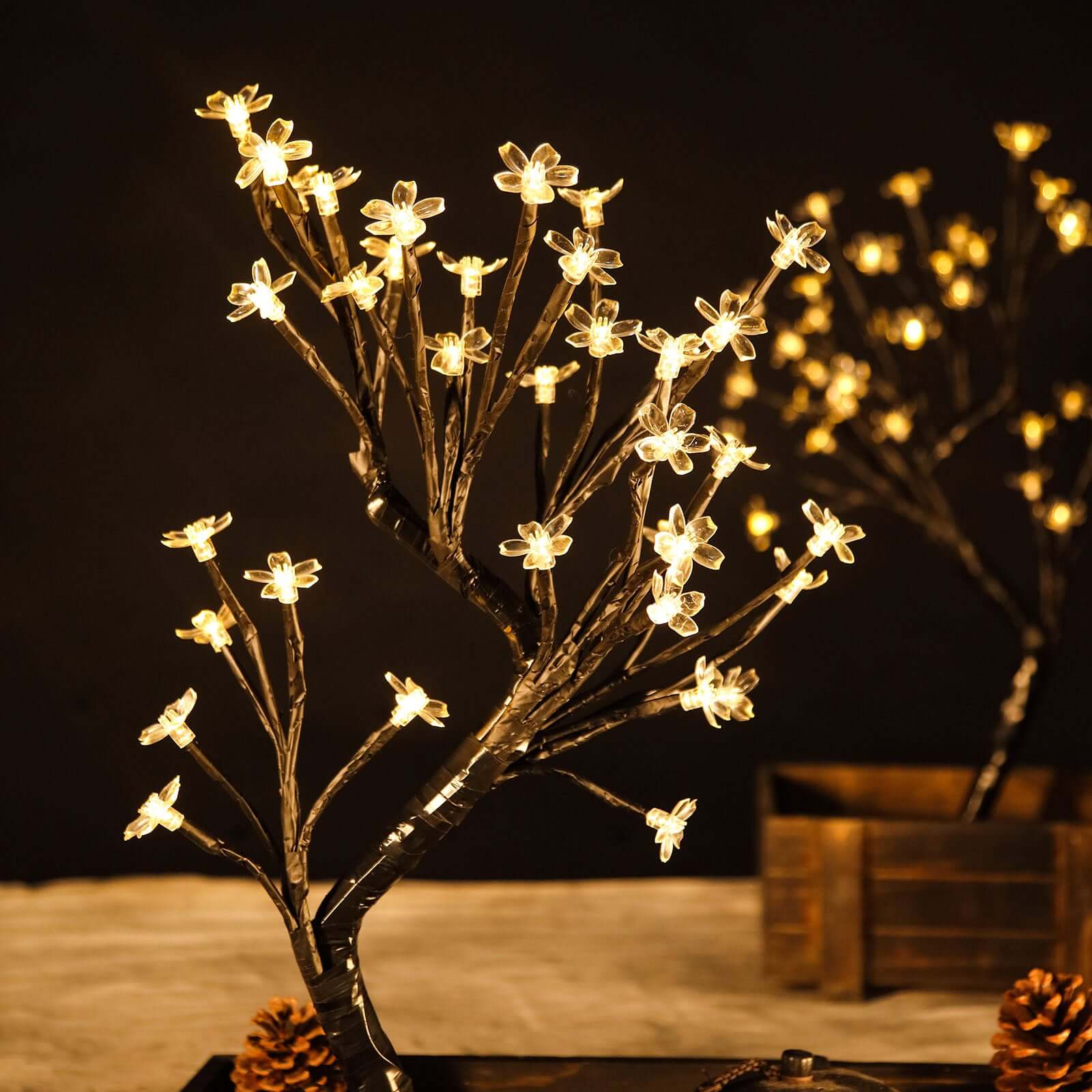 2-Pack Artificial Tree Centerpieces Cherry Blossom Design Black with 36 Warm White LEDs - Battery Operated Table Décor