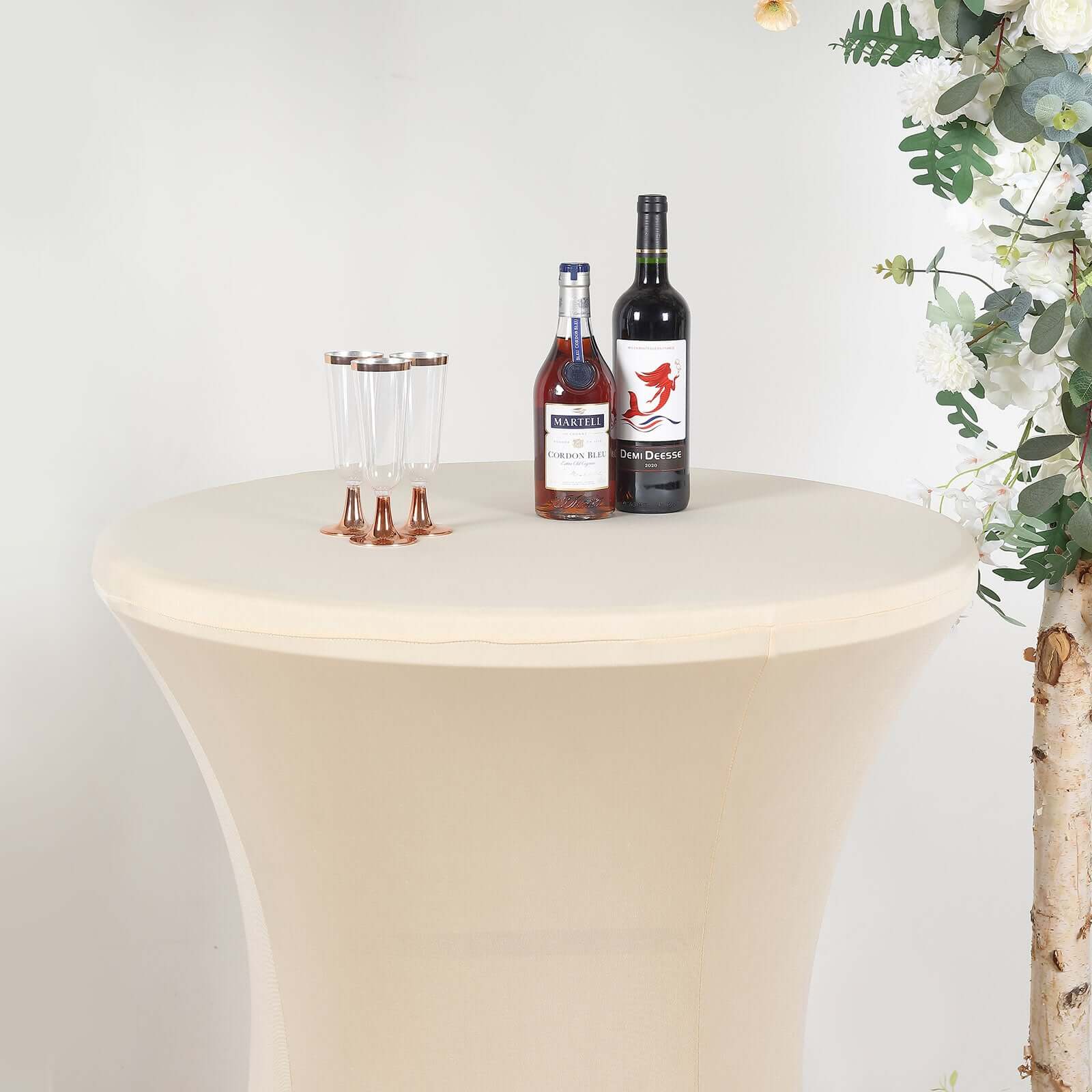 Spandex 30" Round Cocktail Table Cover Beige - Easy to Maintain Stretch Fitted Highboy Tablecloth