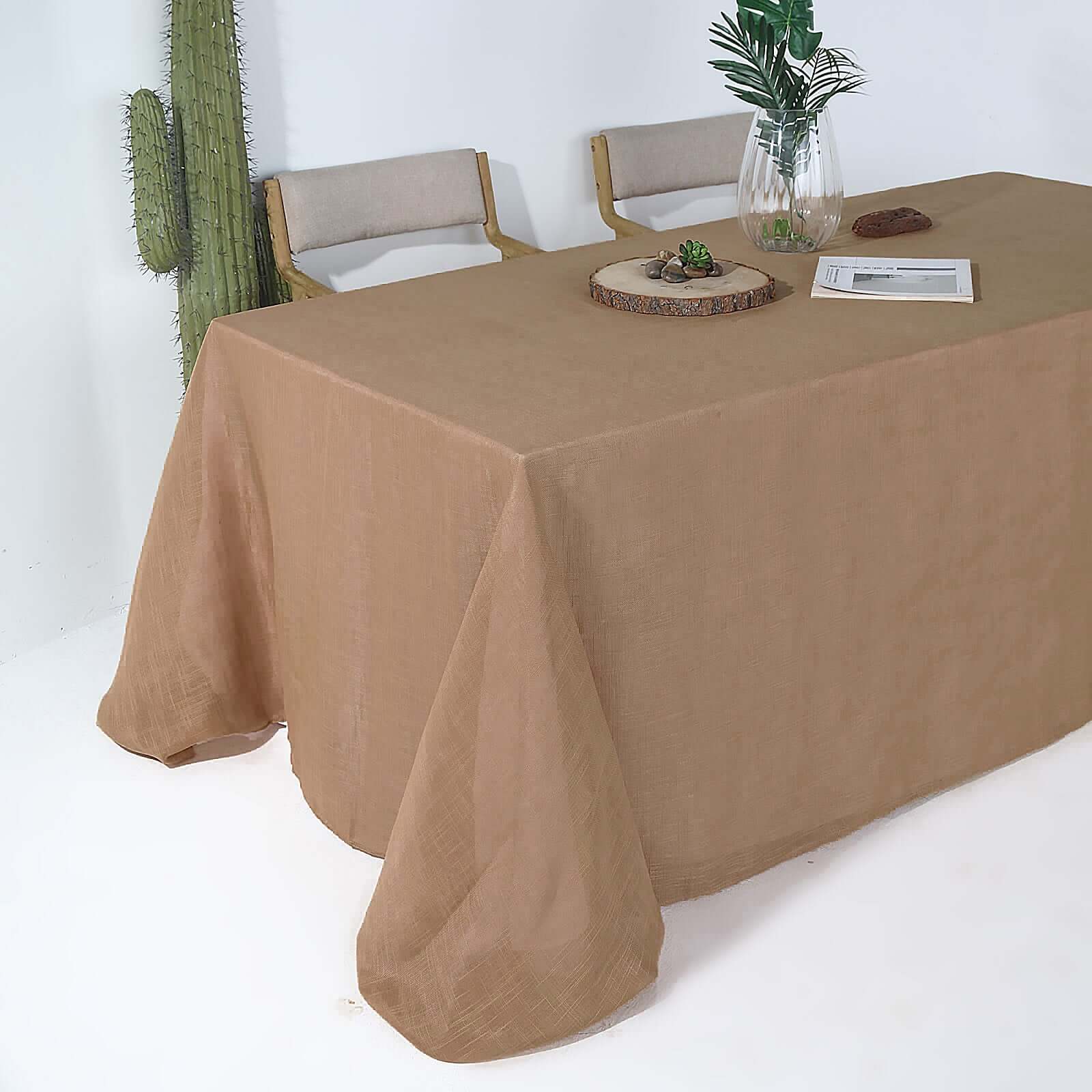 Faux Linen 90"x132" Rectangular Tablecloth Natural - Slubby Texture Wrinkle-Resistant Seamless Table Cover