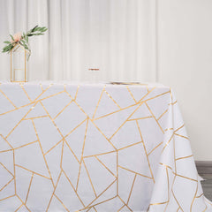 Polyester 90"x132" Rectangle Tablecloth White Seamless with Gold Foil Geometric Pattern - Wrinkle-Resistant Seamless Table Cover for Sophisticated Events