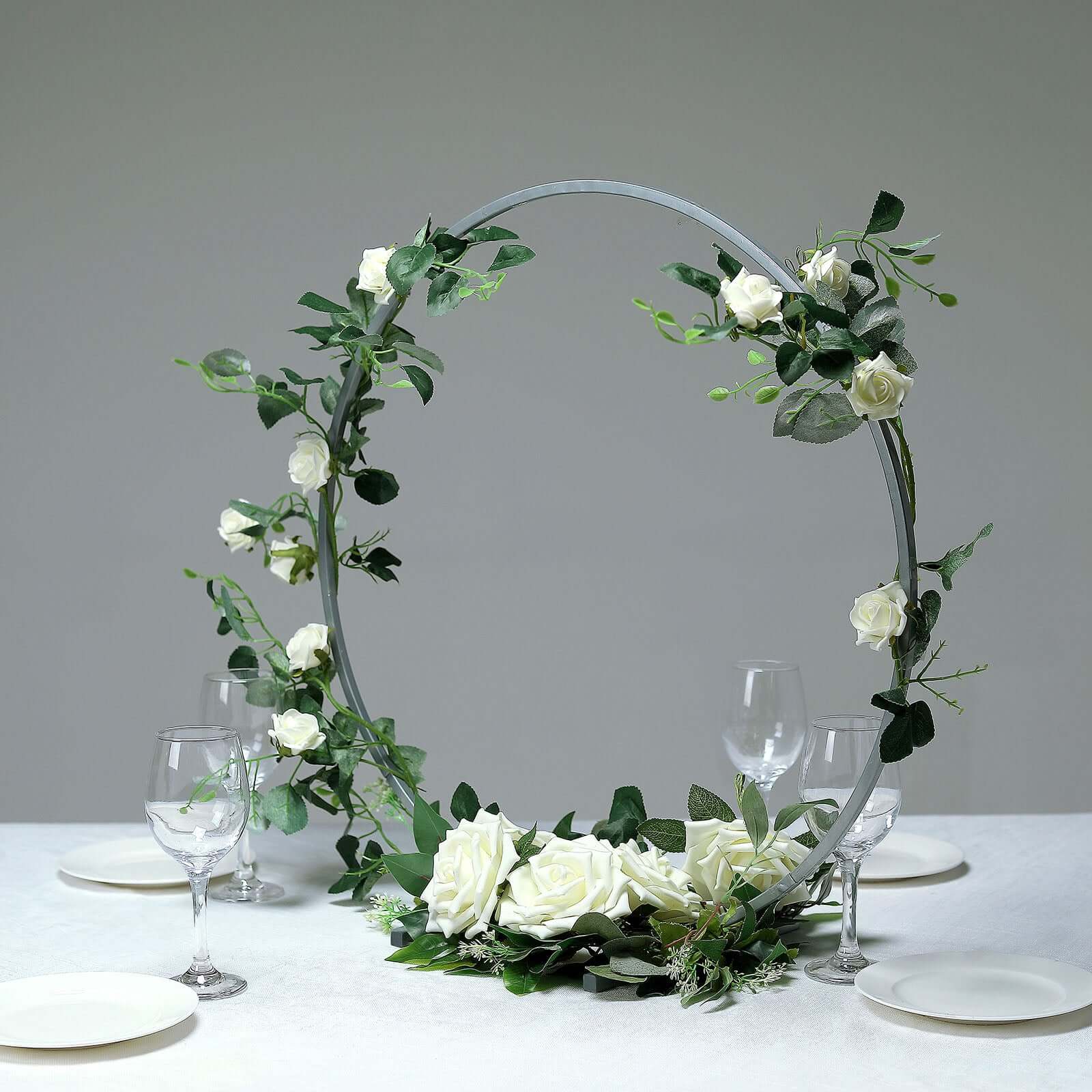 24" Silver Round Arch Wedding Centerpiece, Metal Hoop Wreath Tabletop Decor