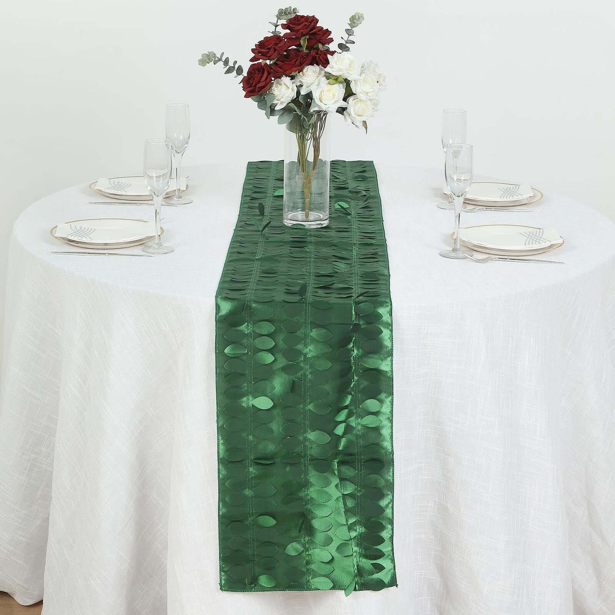Taffeta Fabric 12"x108" Table Runner Green - 3D Leaf Petal Design