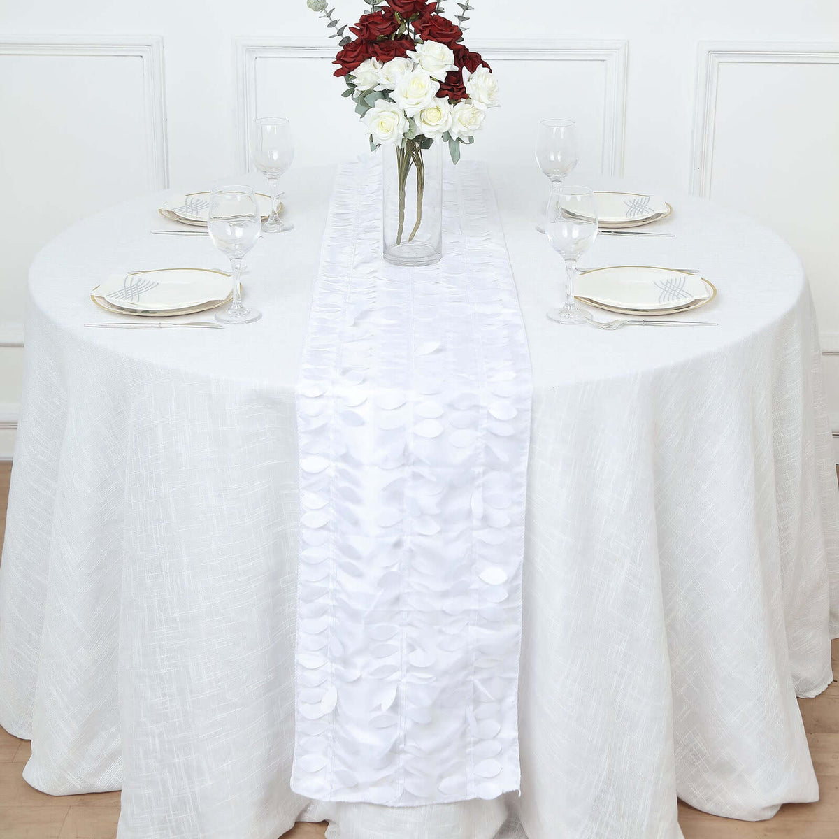 Taffeta Fabric 12"x108" Table Runner White 3D Leaf Petal - Stylish Wedding Decor