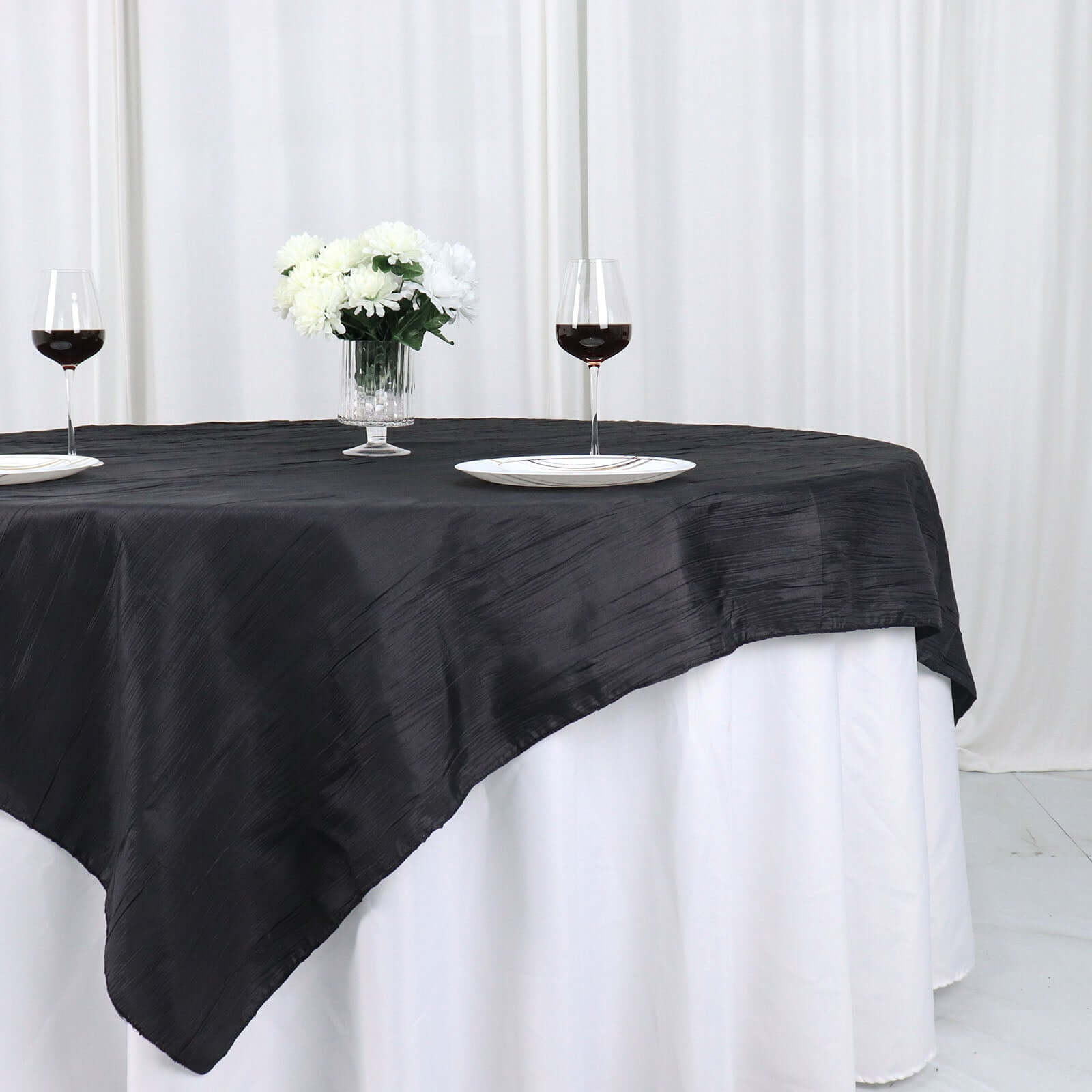 Taffeta 72"x72" Table Overlay Square Tablecloth Black - Accordion Crinkle Table Cover