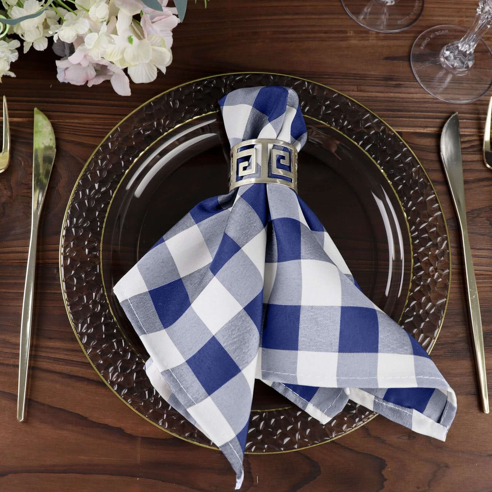 5 Pack Polyester 15"x15" Napkins Navy Blue/White Buffalo Plaid Gingham Style Cloth Napkins