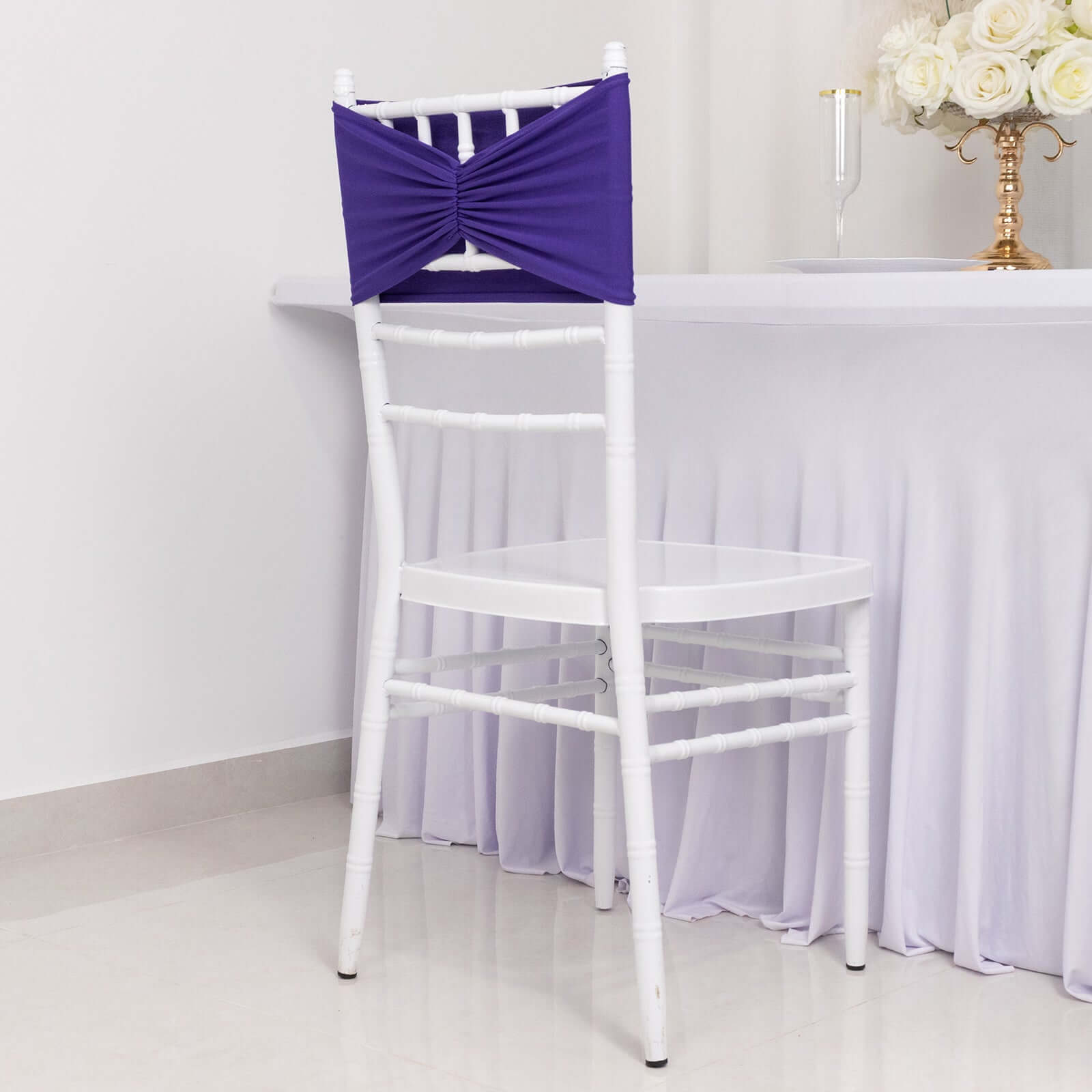 5 Pack Spandex Chair Sashes Purple Ruffled Style - Wide Easy to Use Stretch Chair Bands 8"x13"