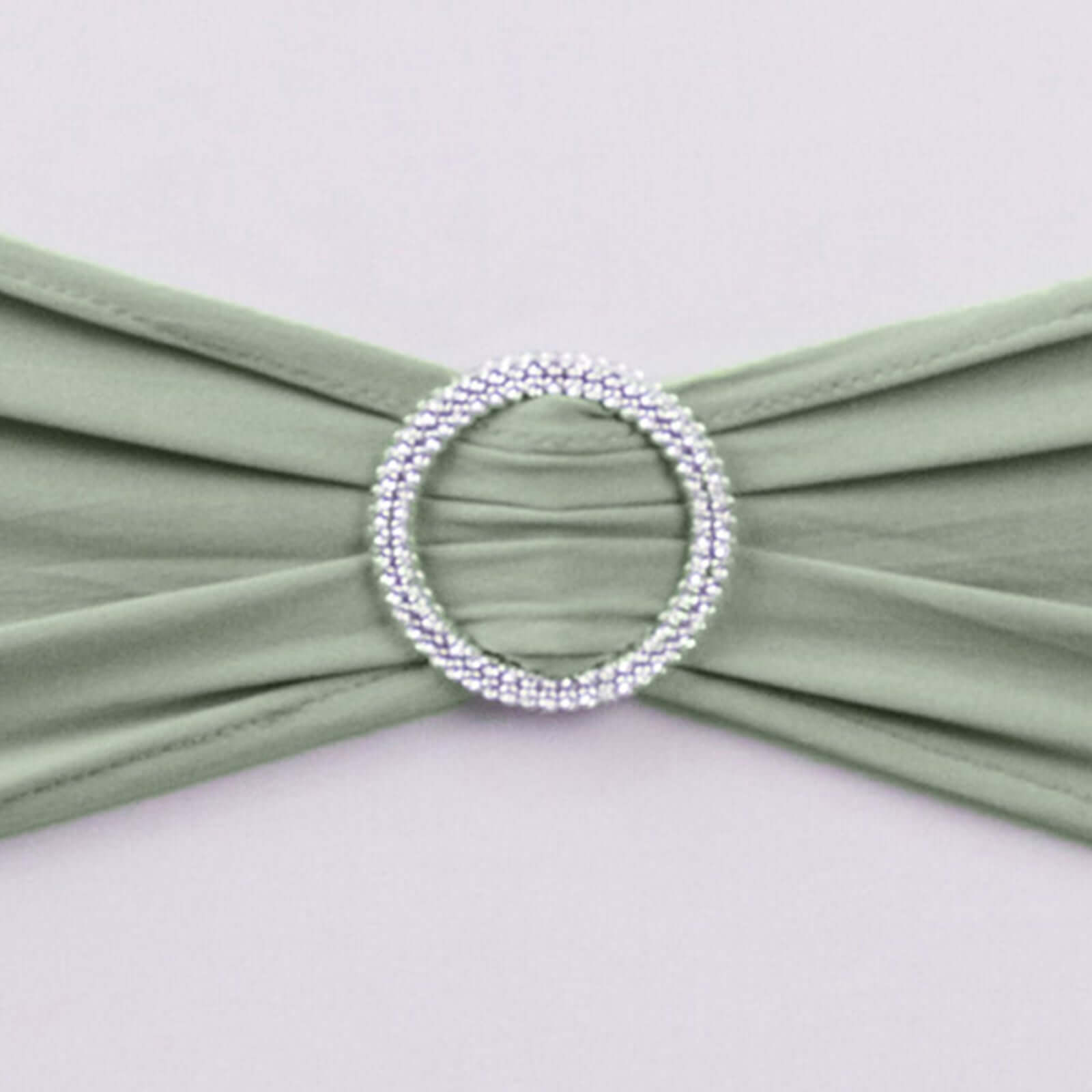5 Pack Stretch Spandex Chair Sashes Sage Green - Reusable Chair Bands with Silver Diamond Ring Slide Buckle 5"x14"