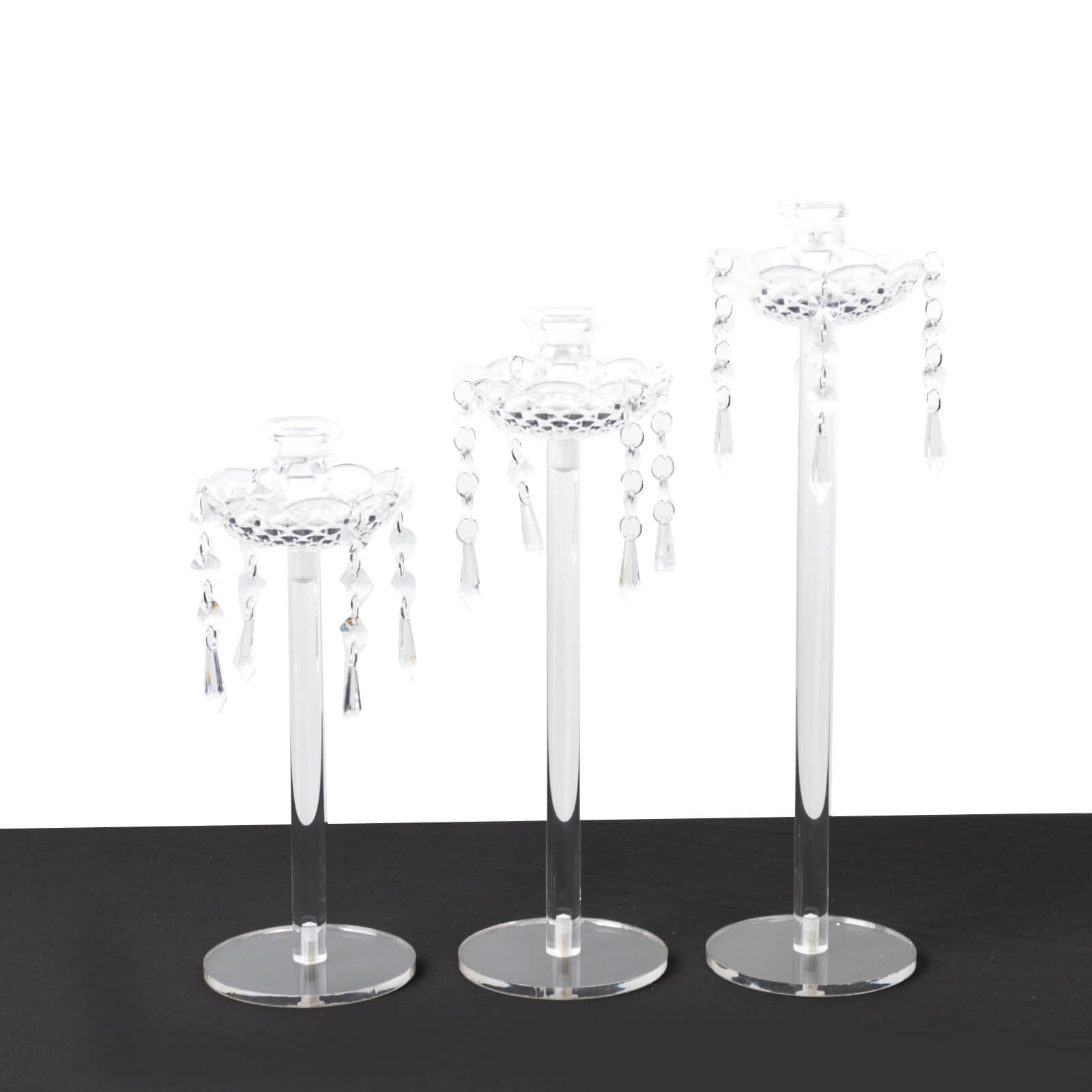 Set of 3 Acrylic Taper Candle Holders with Hanging Bead & Prism Accents – Elegant Candlestick Stands - 11",13",15"