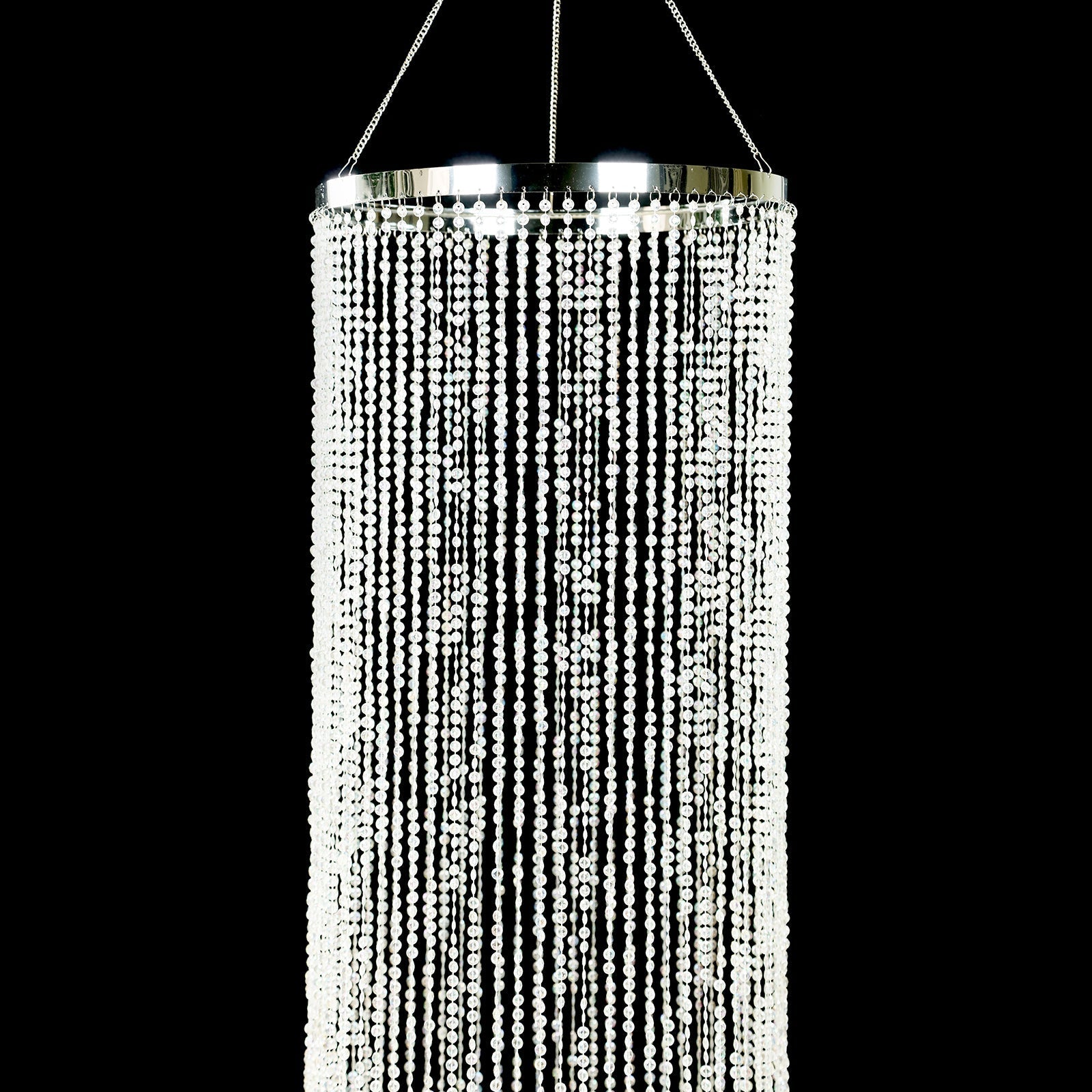20ft Hanging Beaded Crystal Column Chandelier, Tall Beads Curtain Round with Silver Metal Hoop and Hanging Chain