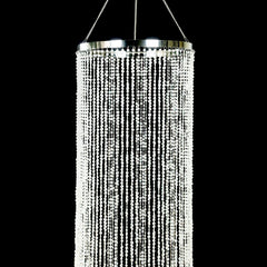 20ft Hanging Beaded Crystal Column Chandelier, Tall Beads Curtain Round with Silver Metal Hoop and Hanging Chain